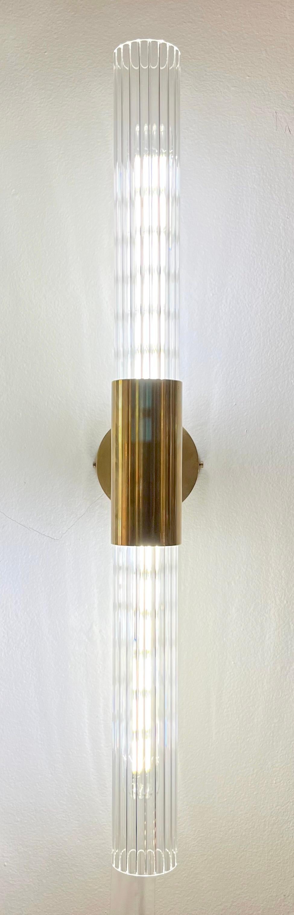 Hand-Crafted 1980s Italian Art Deco Style Pair of Reeded Crystal Glass Brass Tubular Sconces
