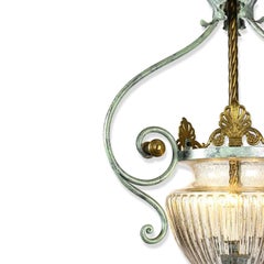Italian Florentine Hall Glass Chandelier by Banci Gilt and Green Wrought Iron