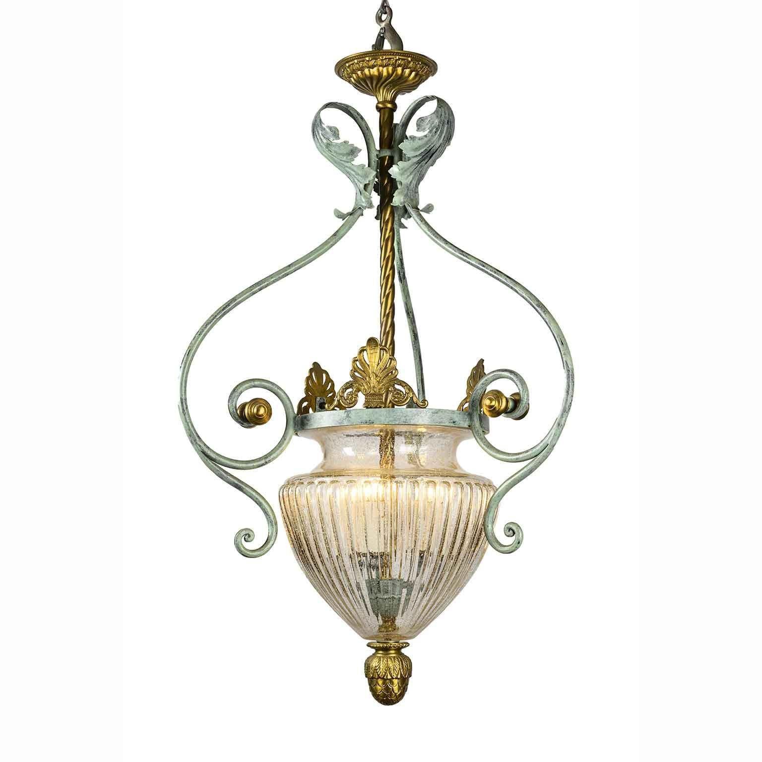 Empire Italian Florentine Hall Glass Chandelier by Banci Gilt and Green Wrought Iron For Sale