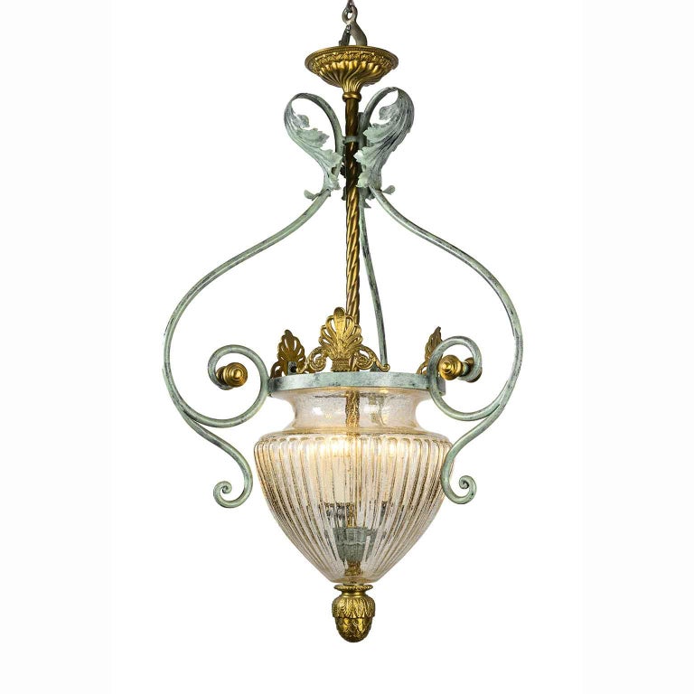 Italian Florentine Hall Glass Chandelier by Banci Gilt and Green Wrought  Iron For Sale at 1stDibs