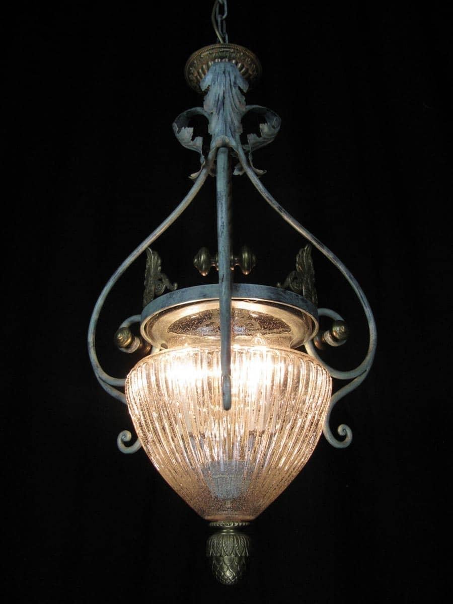 20th Century Italian Florentine Hall Glass Chandelier by Banci Gilt and Green Wrought Iron For Sale