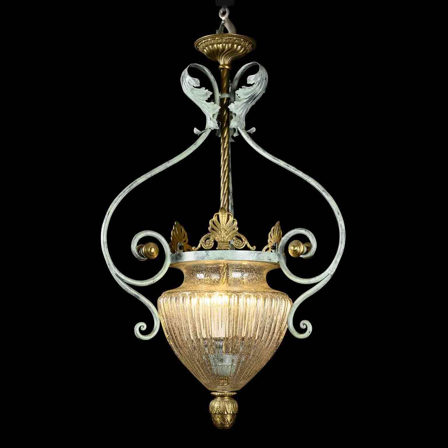 Italian Florentine Hall Glass Chandelier by Banci Gilt and Green Wrought Iron For Sale 2