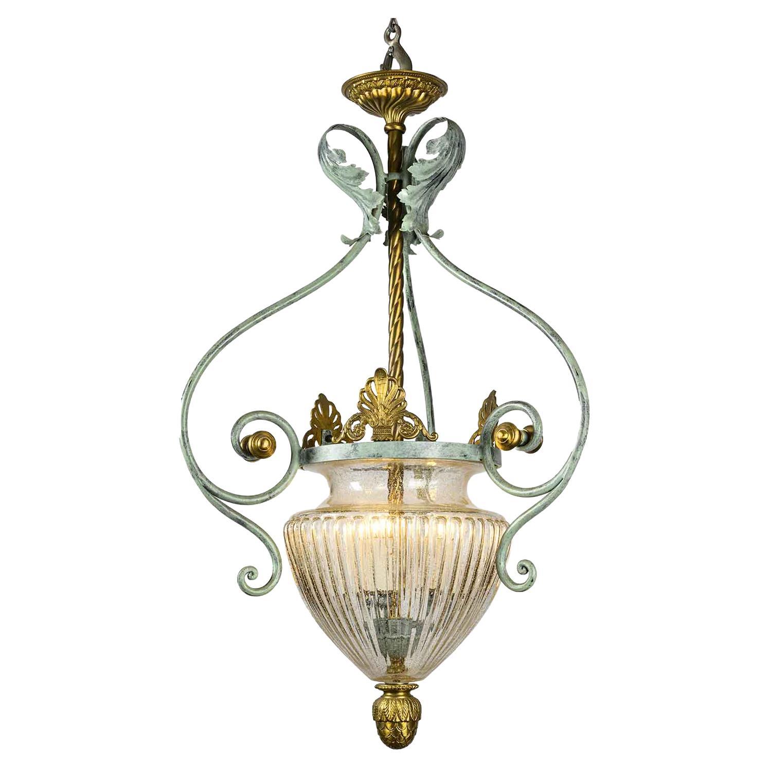 Italian Florentine Hall Glass Chandelier by Banci Gilt and Green Wrought Iron For Sale