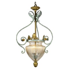 Italian Florentine Hall Glass Chandelier by Banci Gilt and Green Wrought Iron