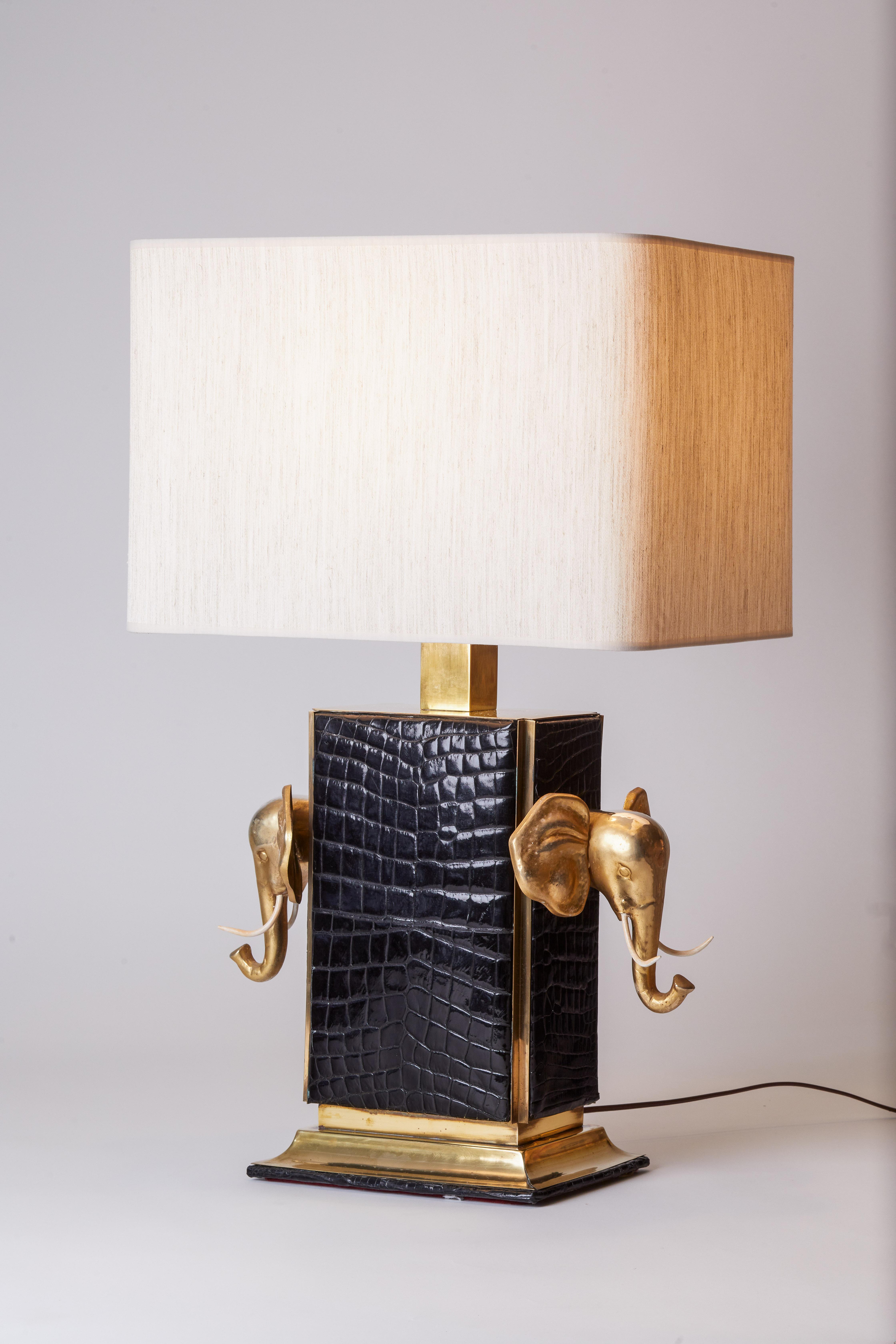 European 1980s Italian Black Crocodile & Brass Lamp with Elephant Design