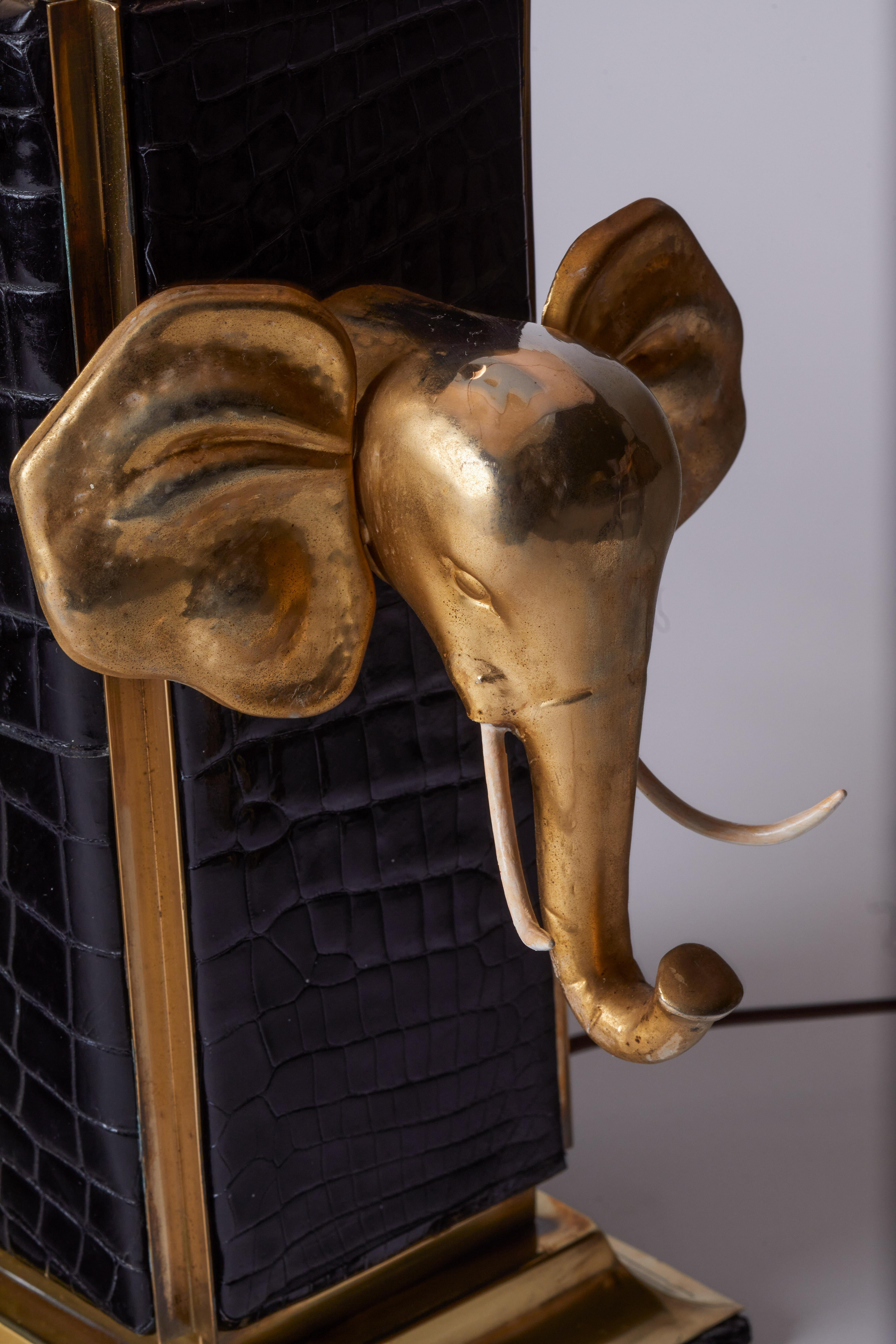 1980s Italian Black Crocodile & Brass Lamp with Elephant Design In Good Condition In Aspen, CO