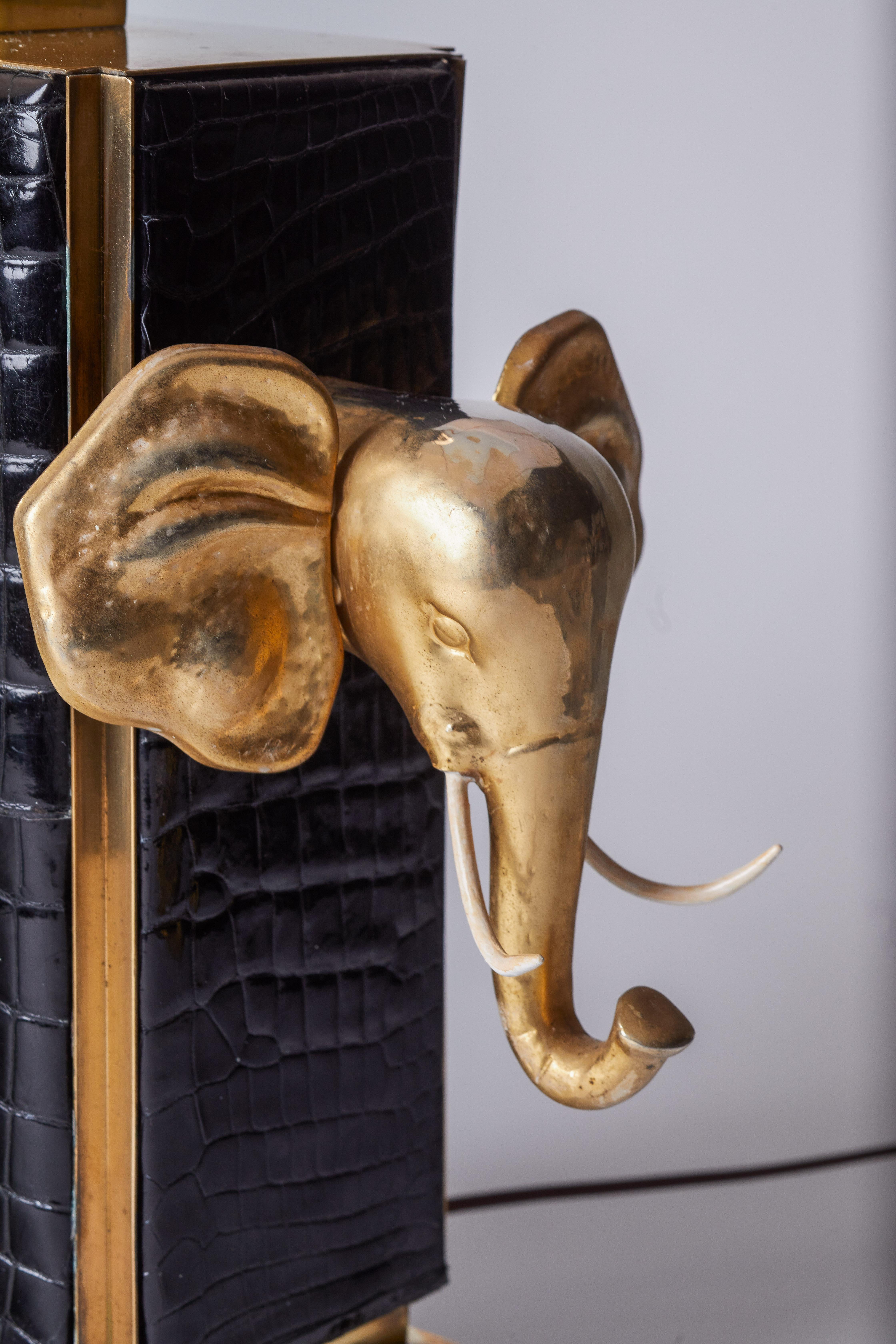 Late 20th Century 1980s Italian Black Crocodile & Brass Lamp with Elephant Design