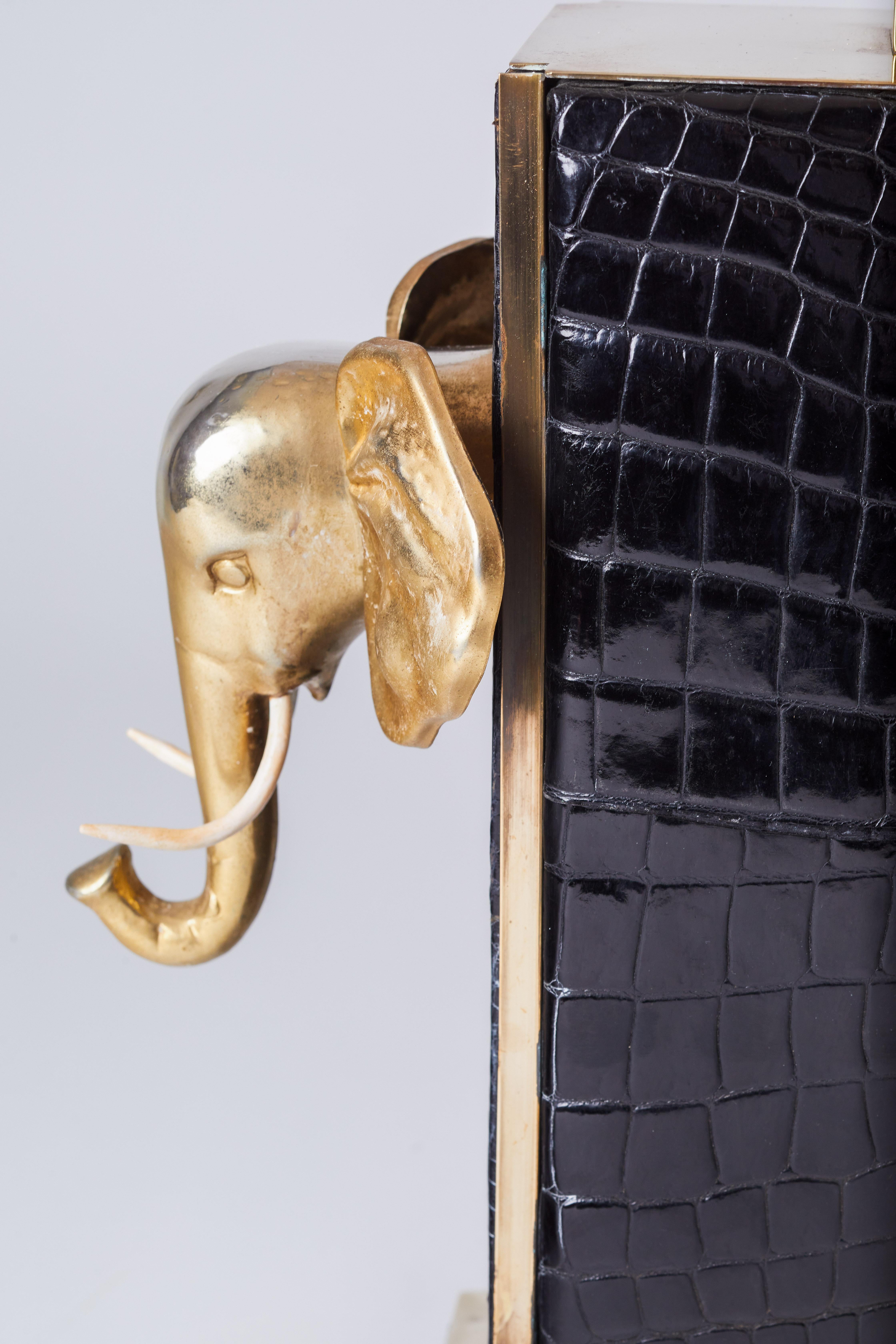 1980s Italian Black Crocodile & Brass Lamp with Elephant Design 1