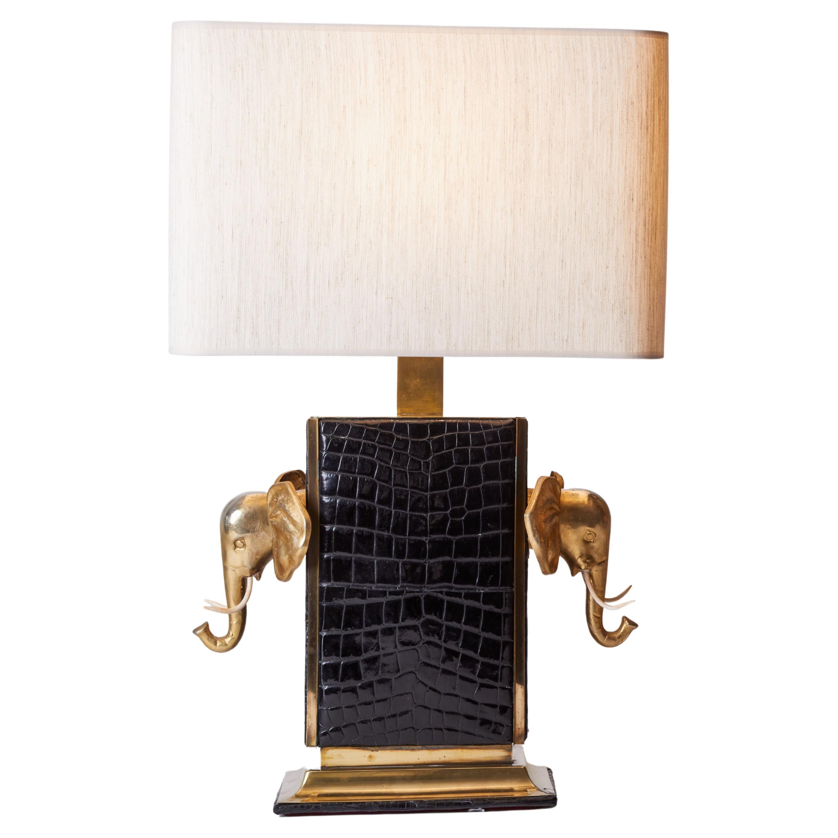 1980s Italian Black Crocodile & Brass Lamp with Elephant Design