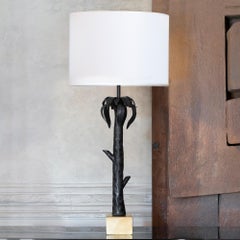 1980's Italian Black Steel "Palm" Table Lamp, Brass Details
