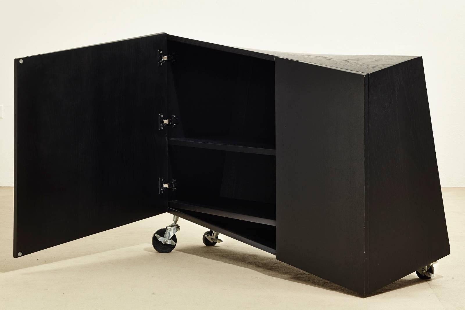1980s Italian Black Wood Asymmetric Two-Door Cabinet Produced by Pallucco For Sale 1