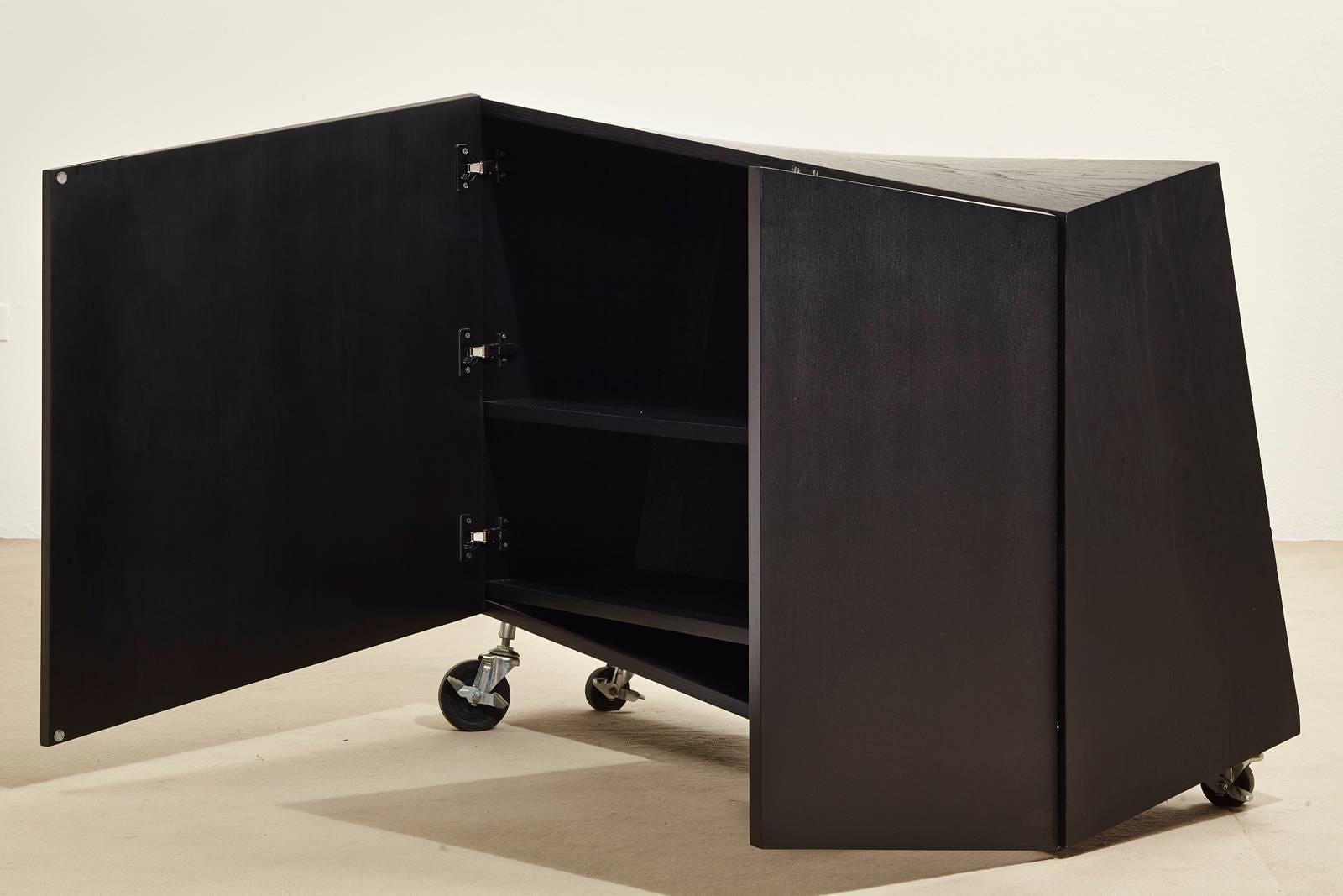 1980s Italian Black Wood Asymmetric Two-Door Cabinet Produced by Pallucco For Sale 2