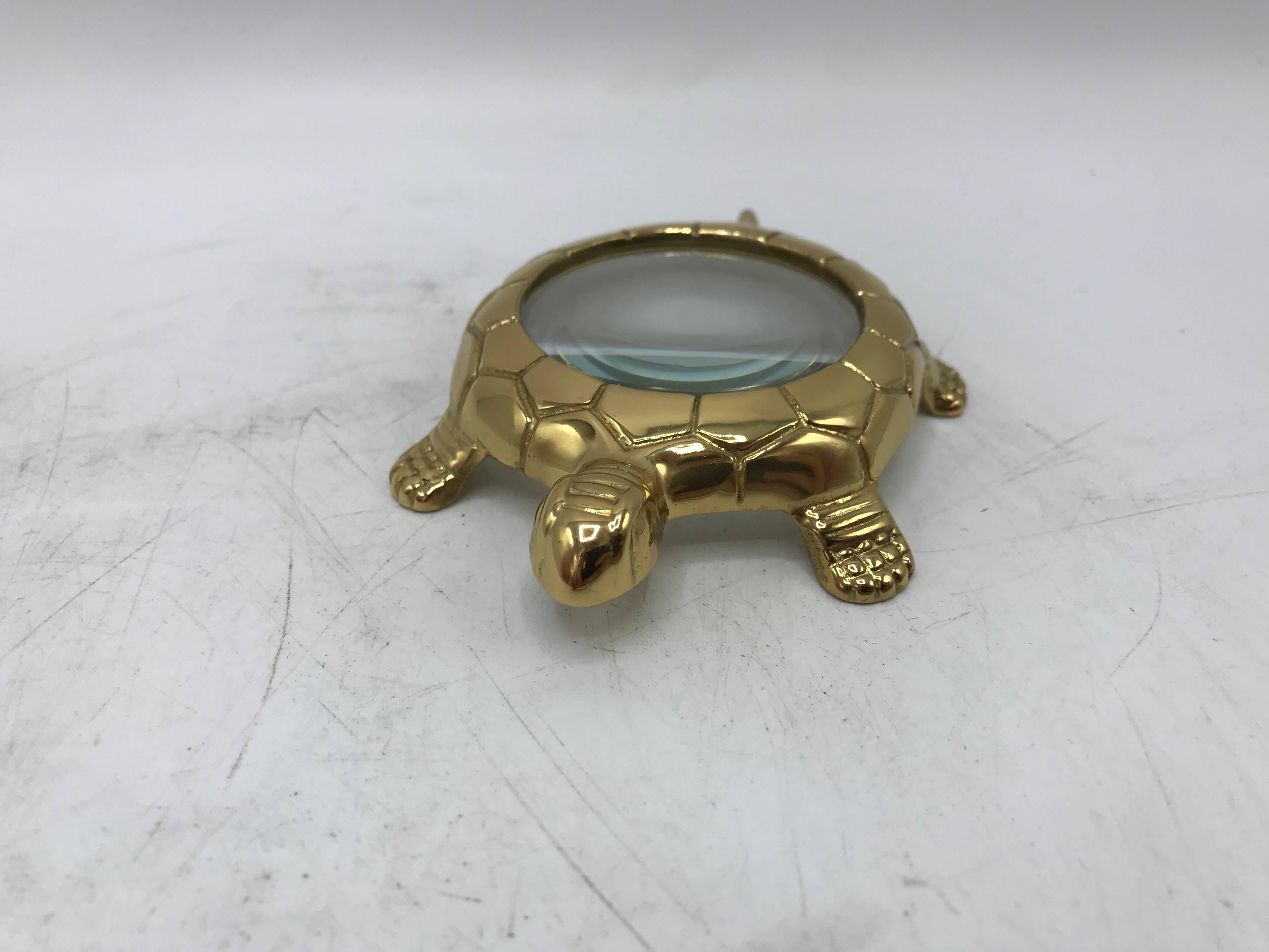 Offered is a beautiful, 1980s Italian brass, turtle desk accessory. The piece doubles as a magnifying glass and a paperweight.