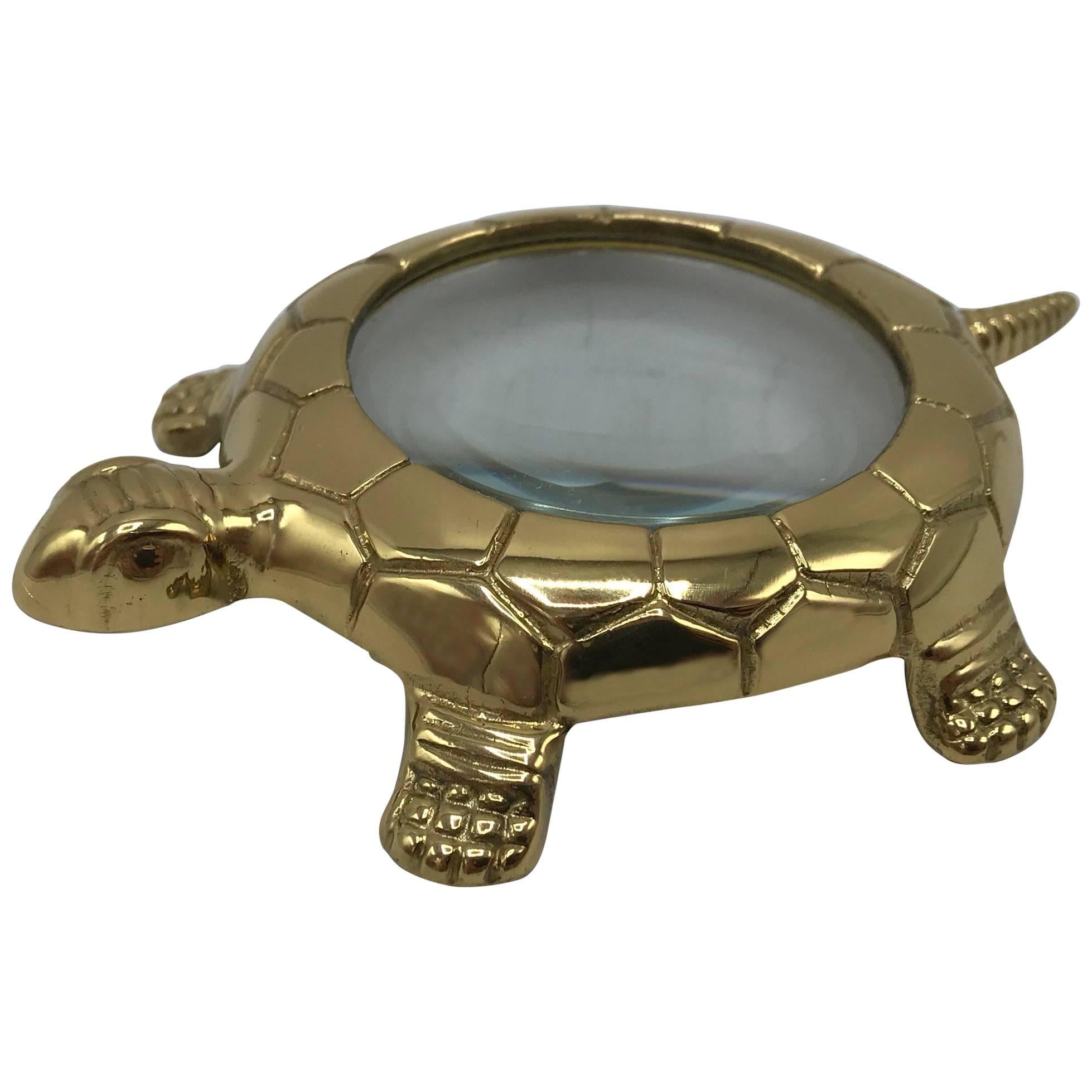 Vintage Style Brass Turtle Tortoise Statue Desk Optical Glass Magnifying Lens 