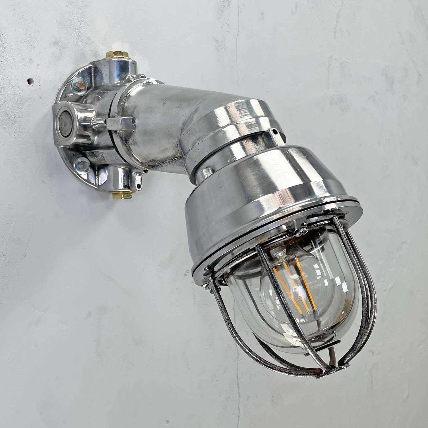 Tempered 1980's Italian Cast Aluminum Flameproof Cantilever Wall Sconce with Cage & Glass For Sale