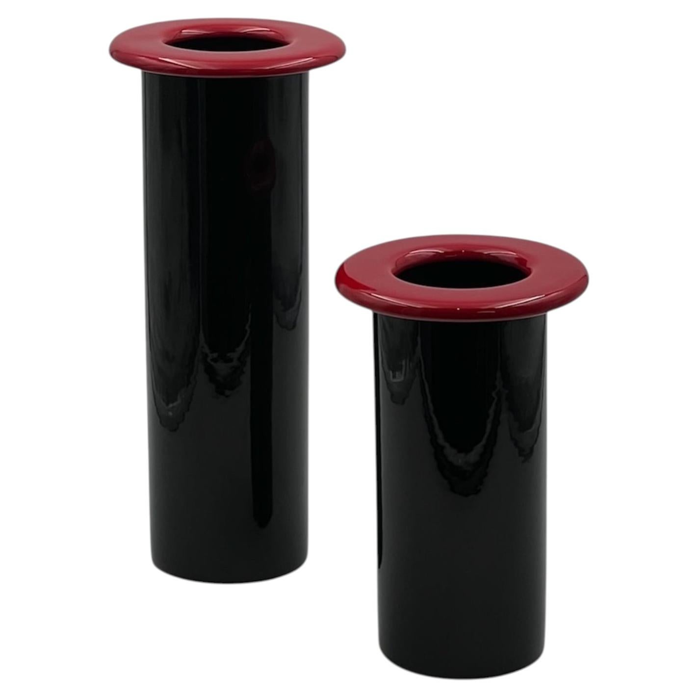 1980s Italian Ceramic Vases, Black and Red, Elegant Design, Set of 2