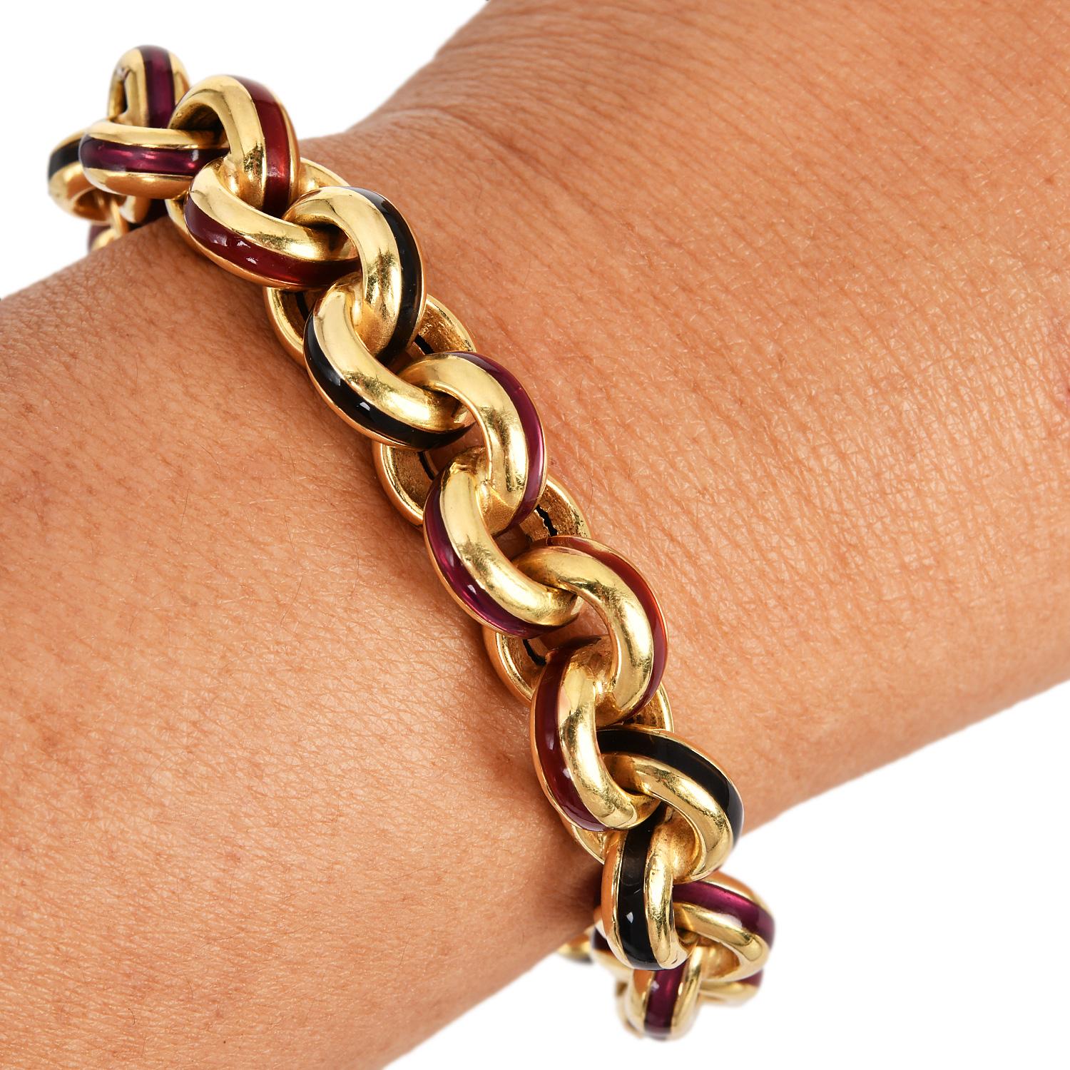 Bracelet circulaire italien des années 1980, jaune 18 carats émaillé souple 6