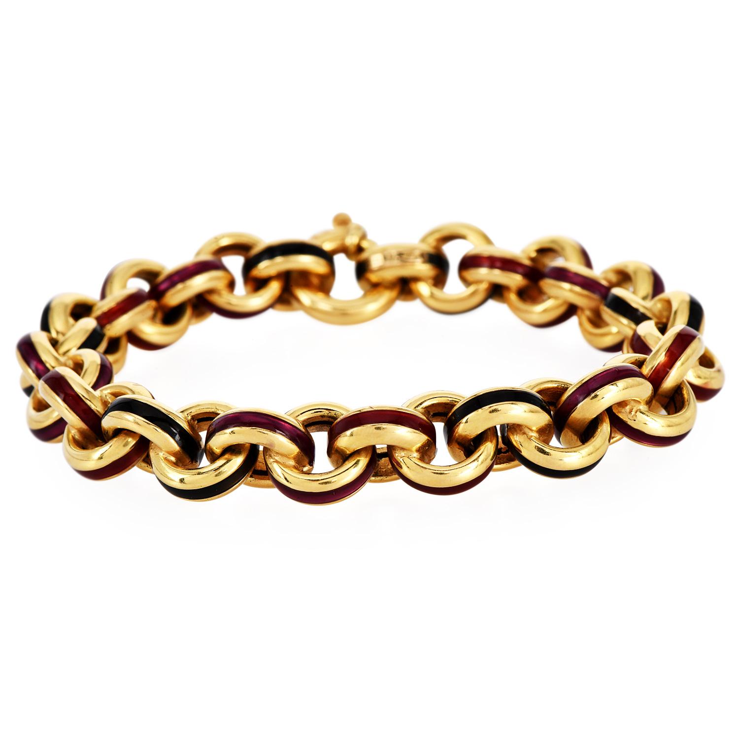  Bracelet circulaire italien des années 1980, jaune 18 carats émaillé souple Pour femmes 
