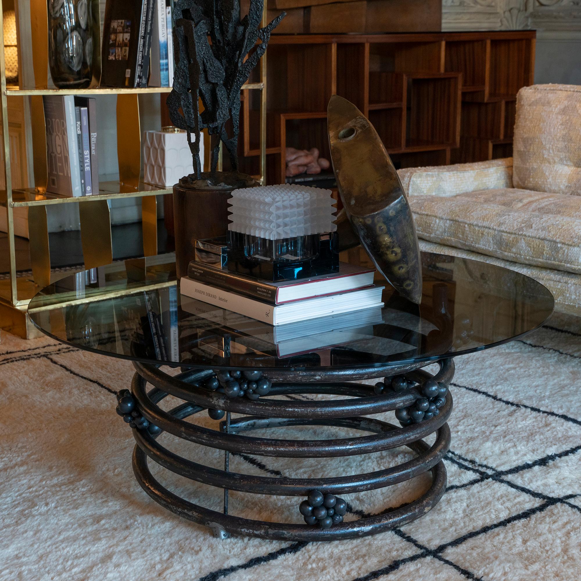 1980’s Italian Coffee Table, Natural Steel and Smoke Glass Top For Sale 5