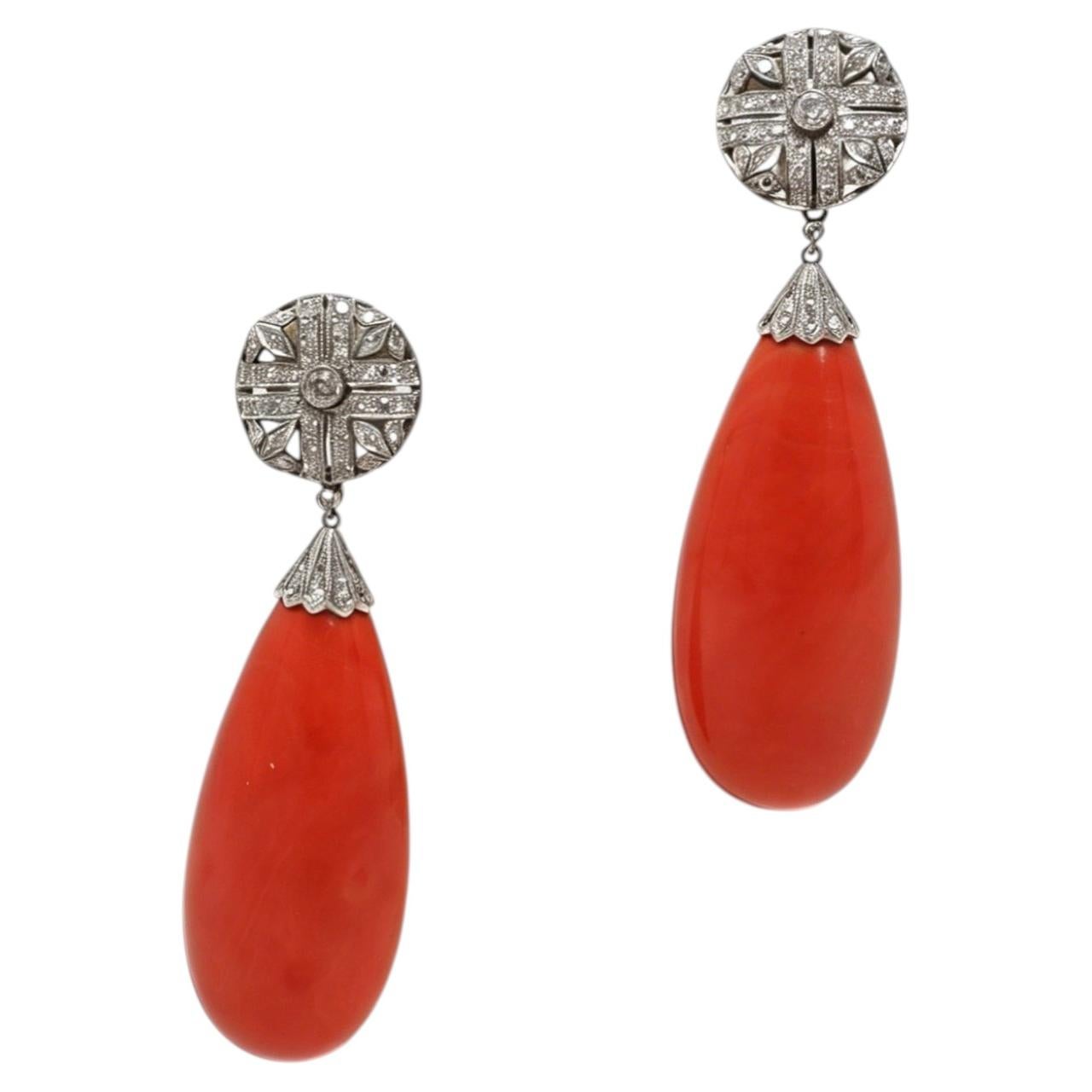 1980s Italian Coral and Diamond Drop Earrings in White Gold