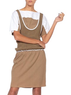 1980'S Khaki & White Cotton Italian Sport Mesh Dress