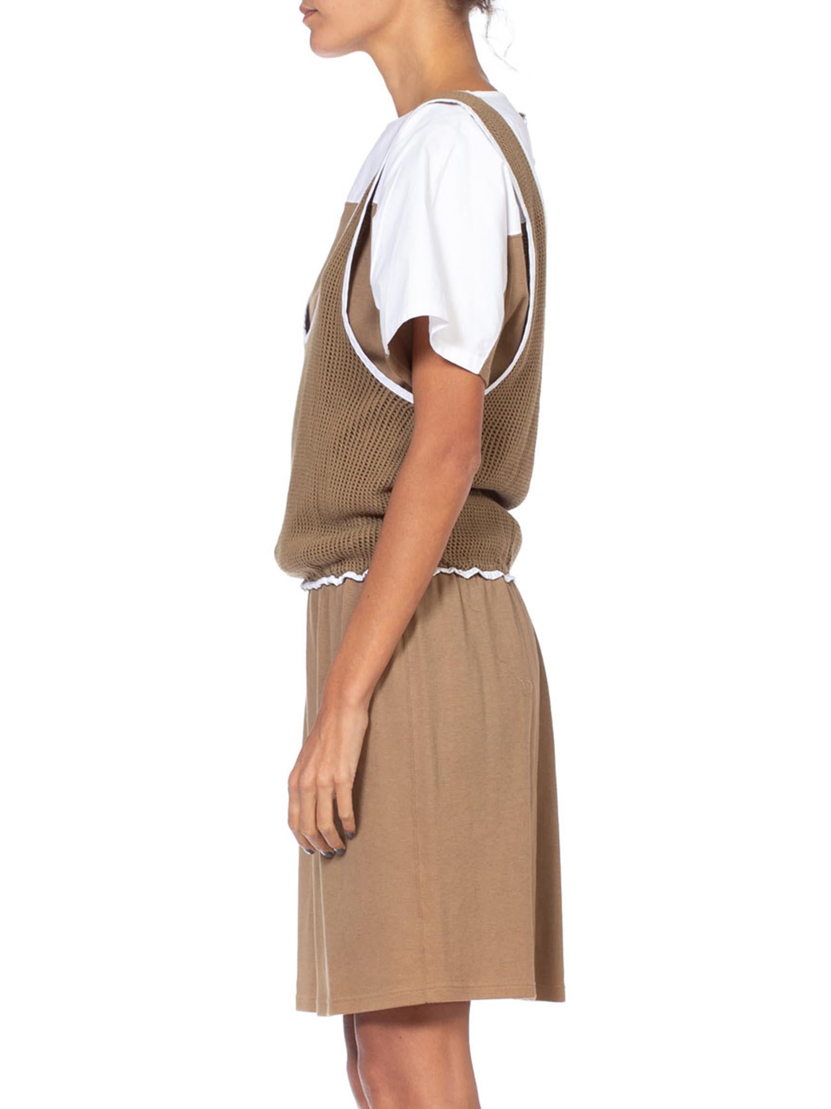 Brown 1980'S Khaki & White Cotton Italian Sport Mesh Dress For Sale