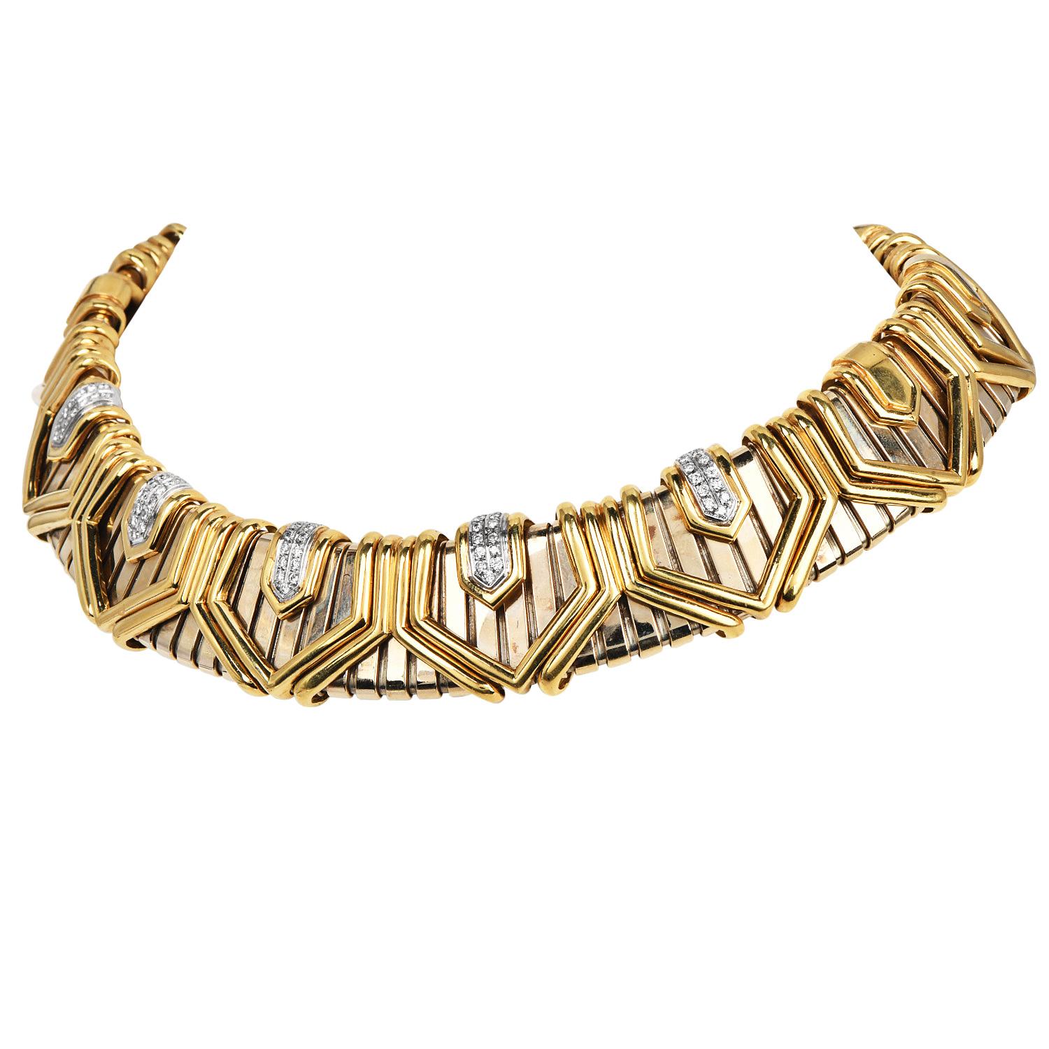 Round Cut 1980s Italian Diamond 18K Gold Wide Tubogas Choker Necklace