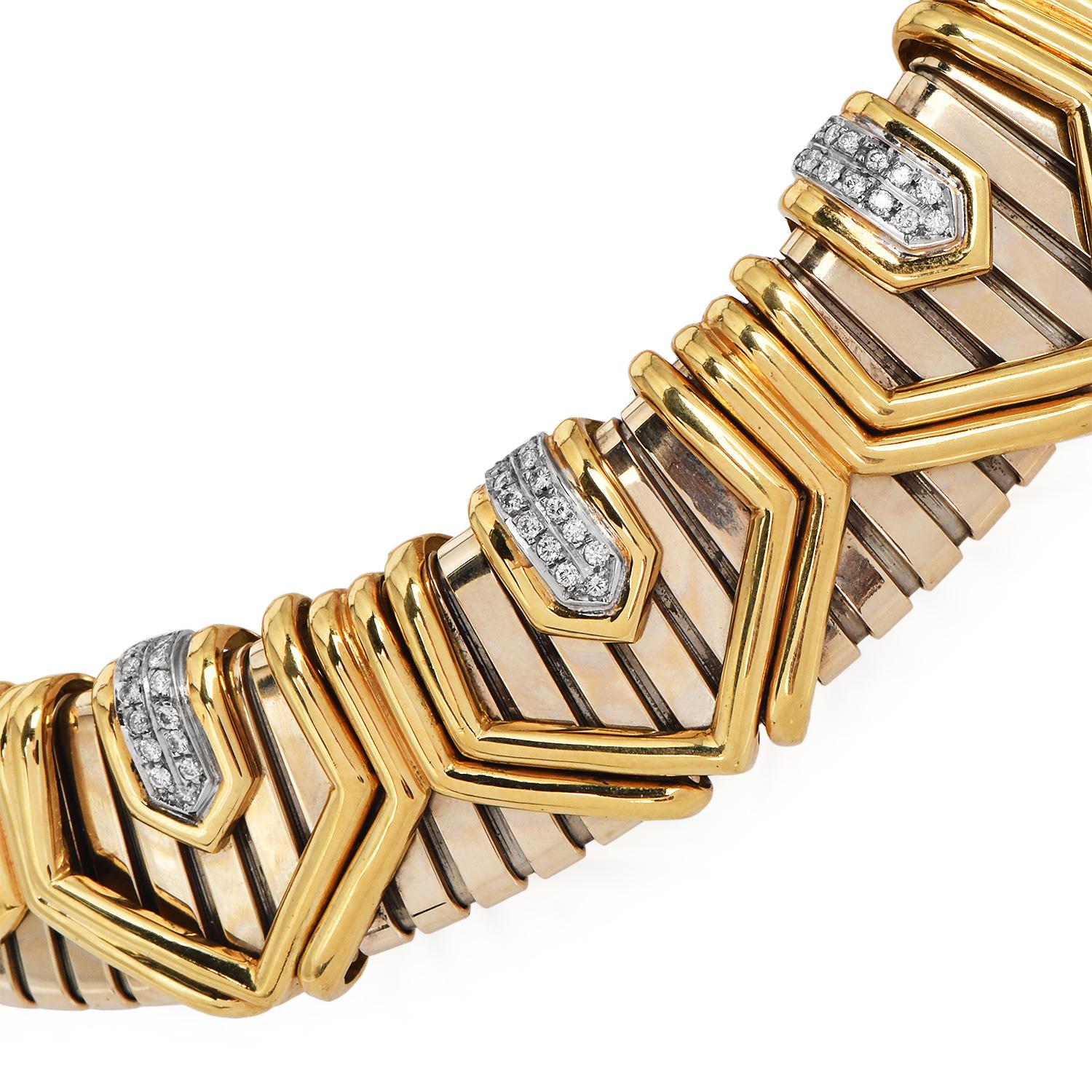 1980s Italian Diamond 18K Gold Wide Tubogas Choker Necklace In Excellent Condition In Miami, FL