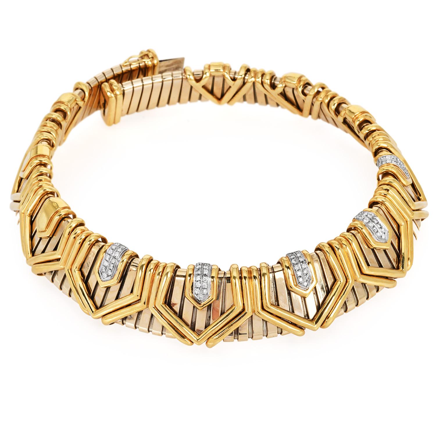 Women's or Men's 1980s Italian Diamond 18K Gold Wide Tubogas Choker Necklace