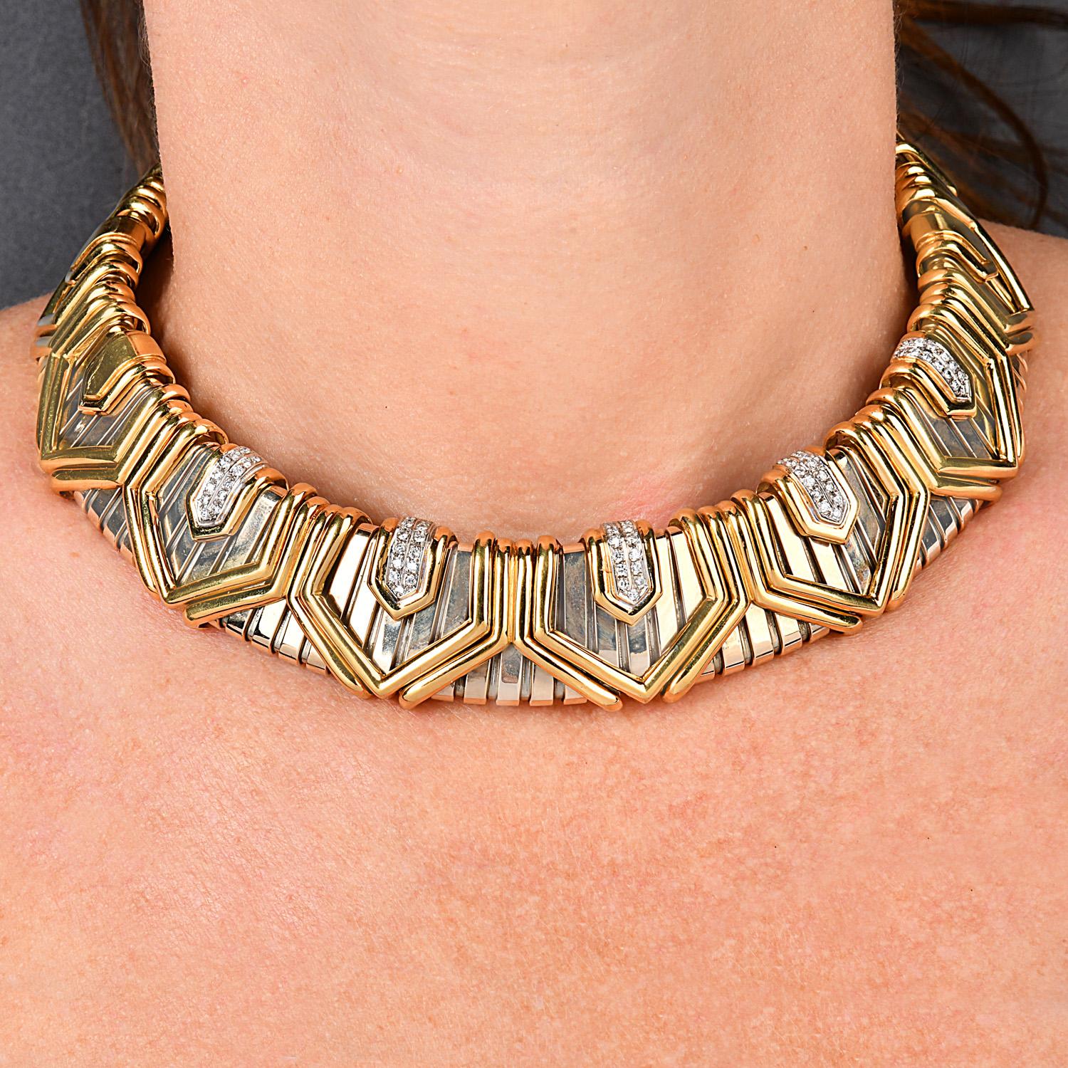 1980s Italian Diamond 18K Gold Wide Tubogas Choker Necklace 2