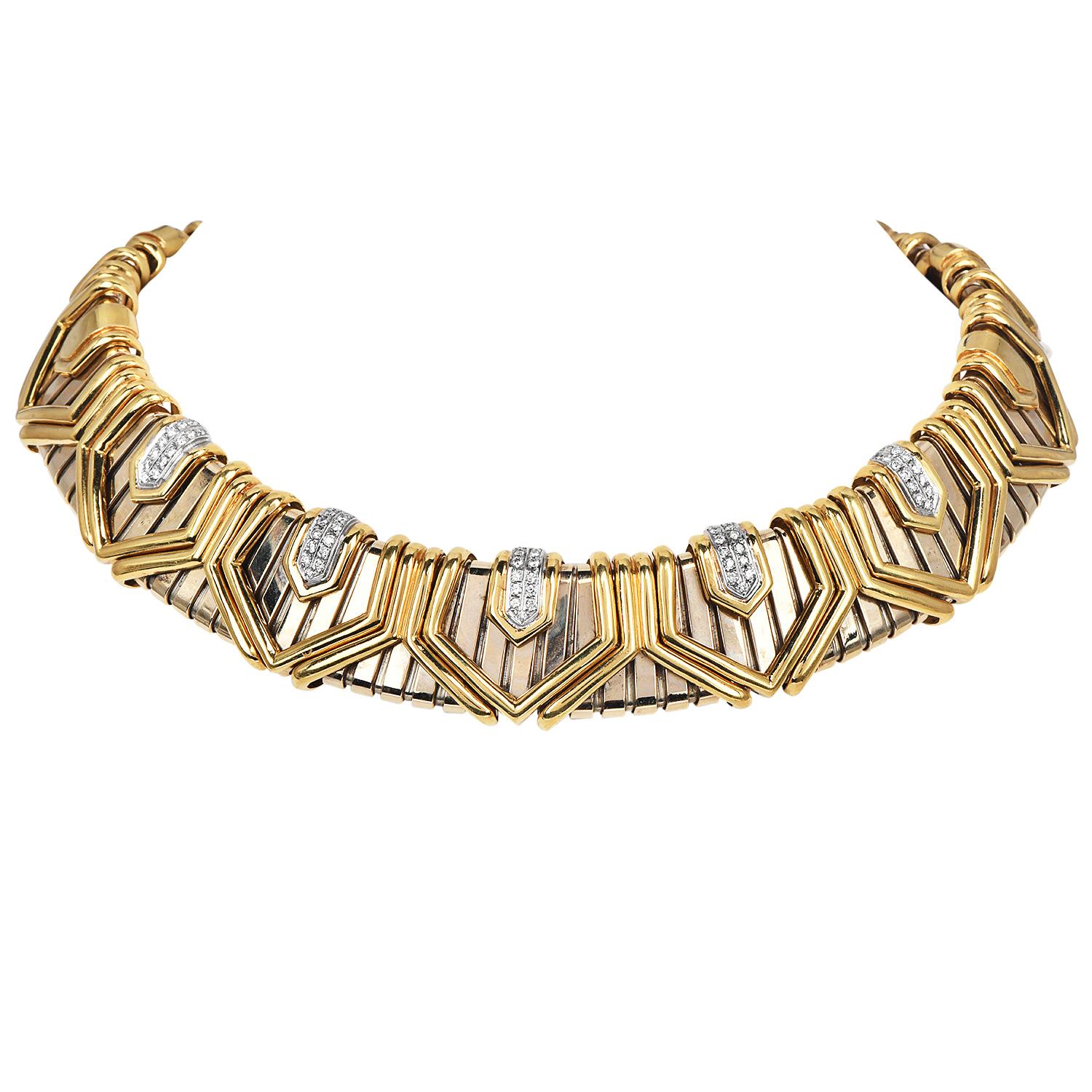 1980s Italian Diamond 18K Gold Wide Tubogas Choker Necklace