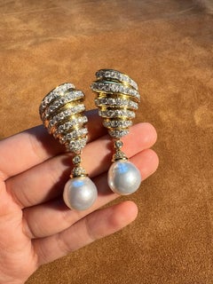 1980s Italian Diamond and South Sea Pearl Drop Earrings in 18 Karat Gold