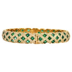 1980's Italian Diamond Emerald 18K Yellow Gold Checkered Bangle Bracelet