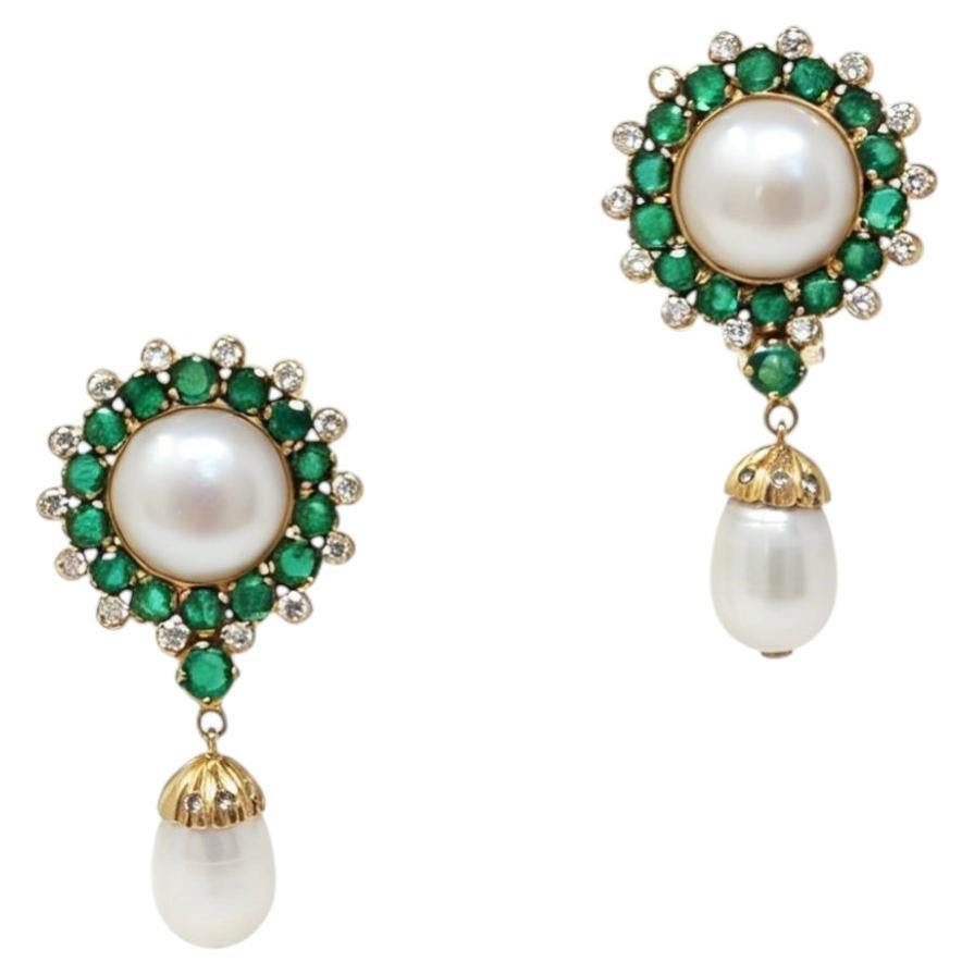 1980s Italian Emerald, Cultured Pearl and Diamond Drop Earrings in 18 Karat Gold