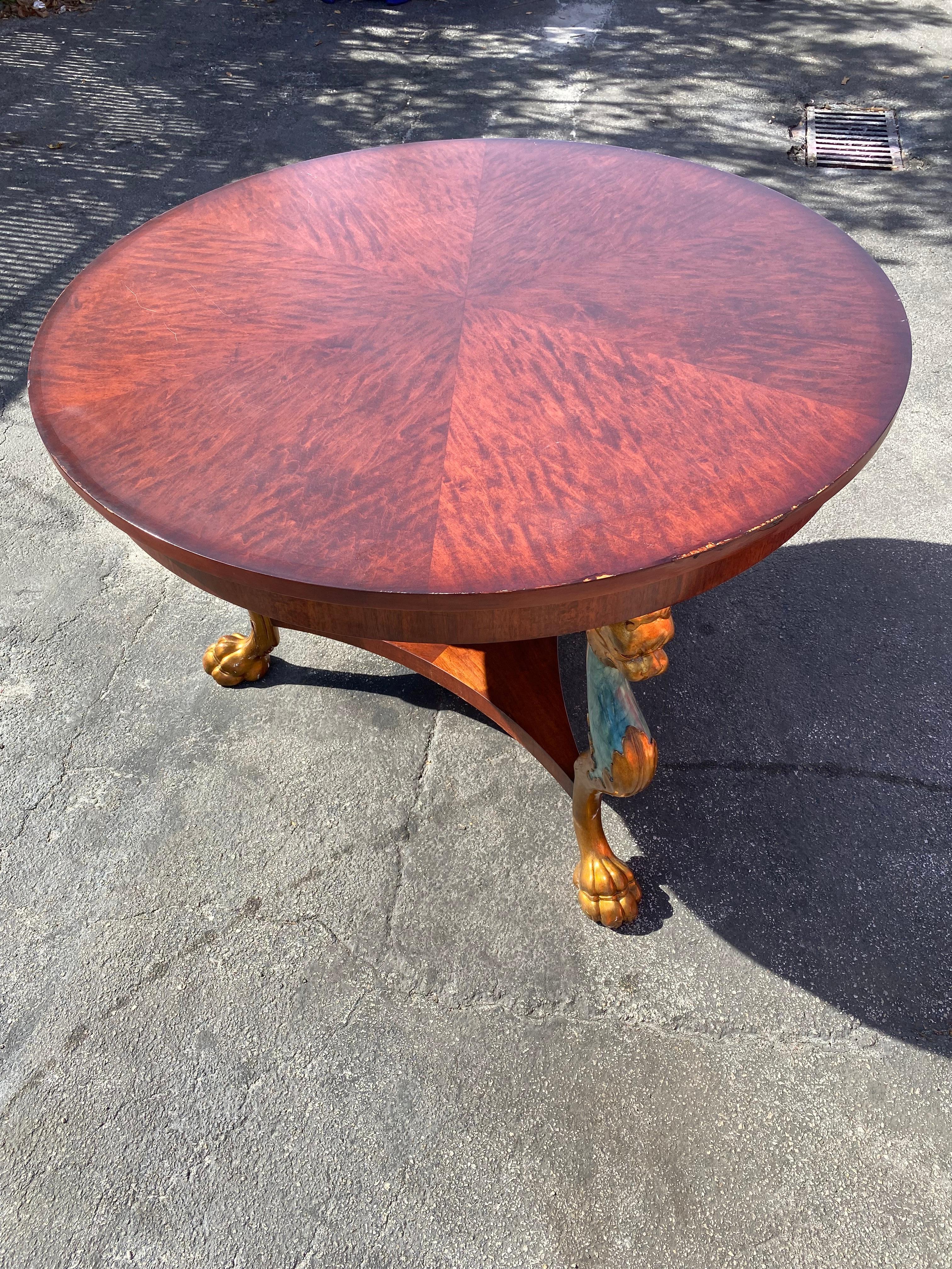 Late 20th Century 1980s Italian Round Tripod Empire Style Lion Carved Wood Center Dining Table For Sale