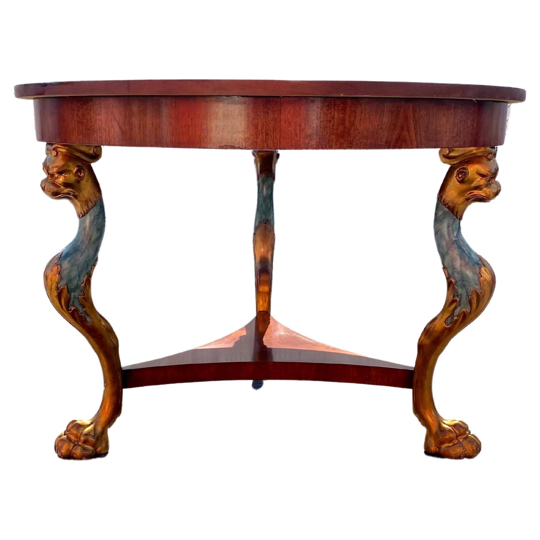 1980 Italian Round Tripod Empire Style Lion Carved Wood Center Dining Table en vente