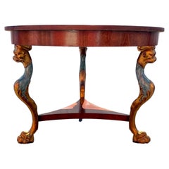 1980s Italian Round Tripod Empire Style Lion Carved Wood Center Dining Table