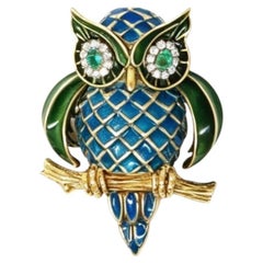 1980s Italian Enamel, Emerald and Diamond Owl Brooch in Gold