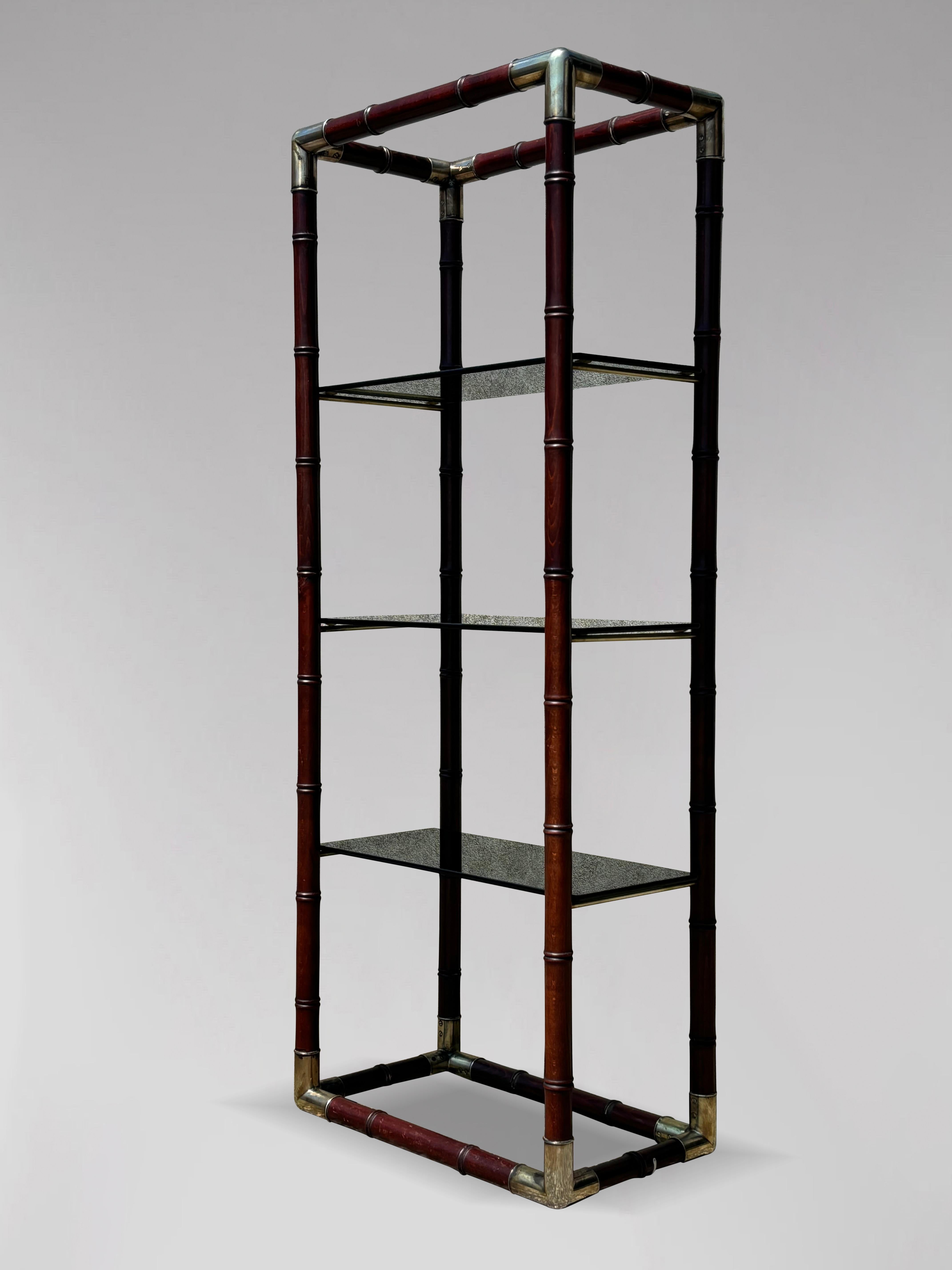 Hollywood Regency 1980s Italian Faux Bamboo Brass Smoked Glass Étagère For Sale