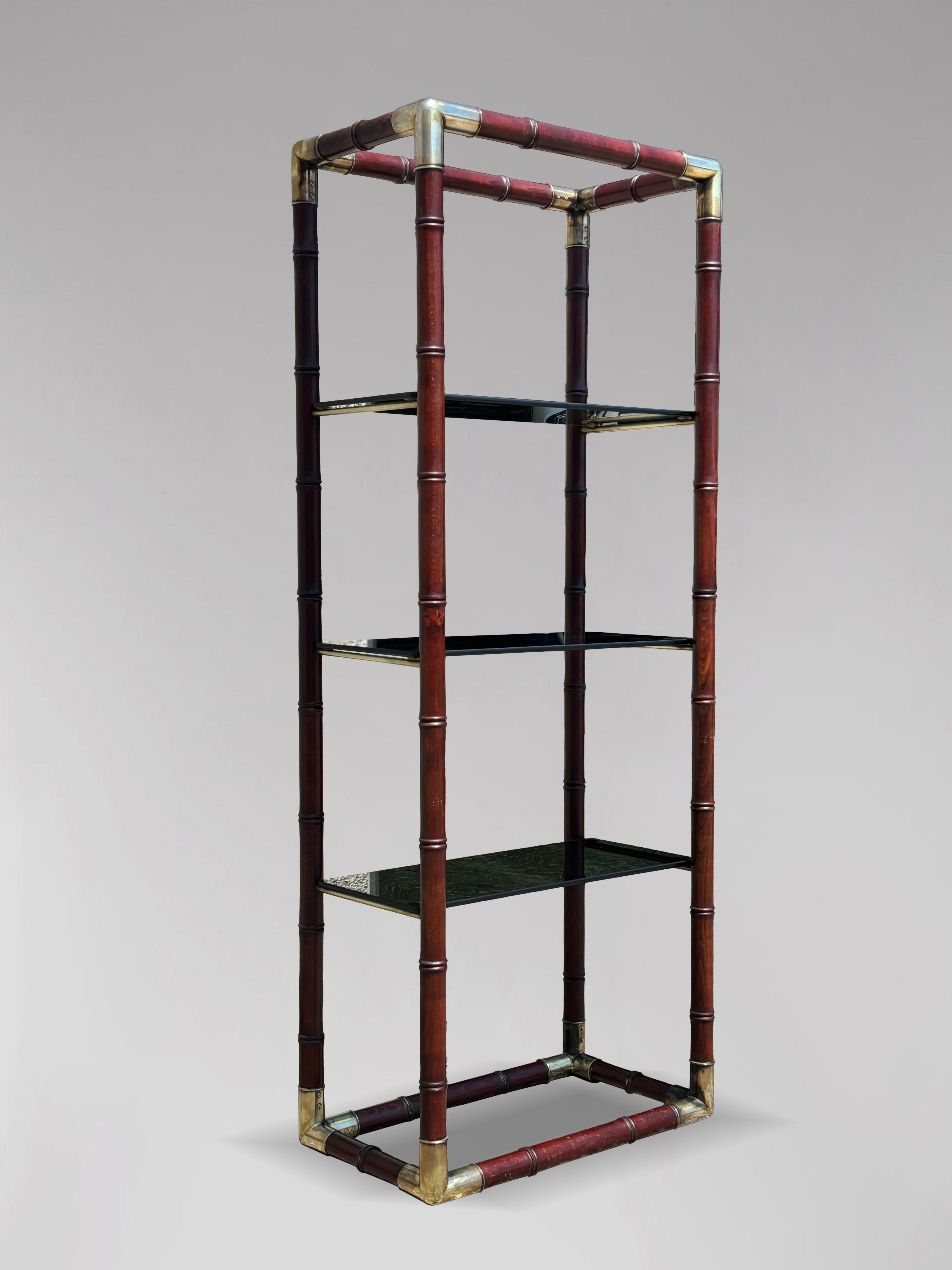 Hand-Crafted 1980s Italian Faux Bamboo Brass Smoked Glass Étagère For Sale