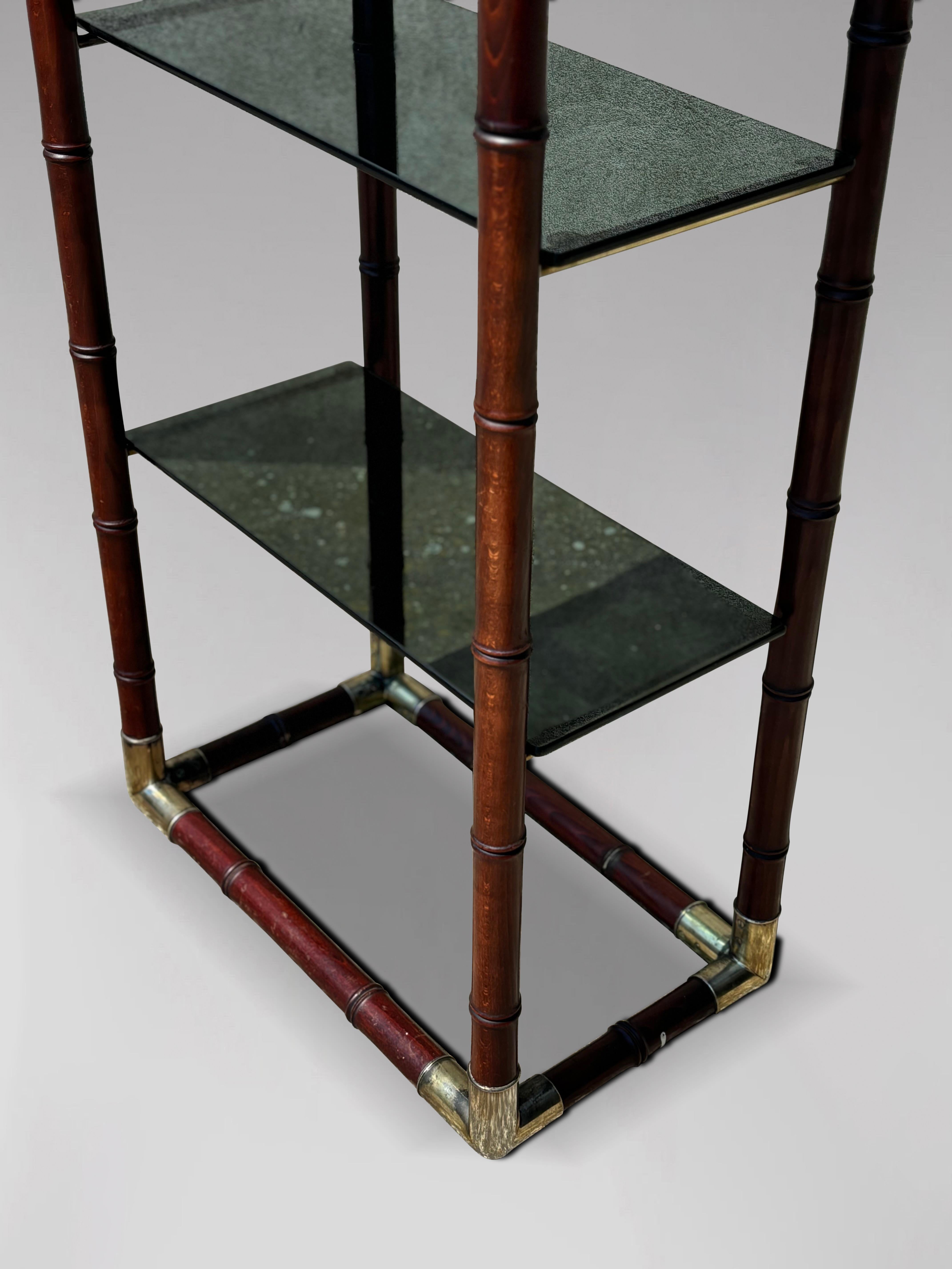 20th Century 1980s Italian Faux Bamboo Brass Smoked Glass Étagère For Sale
