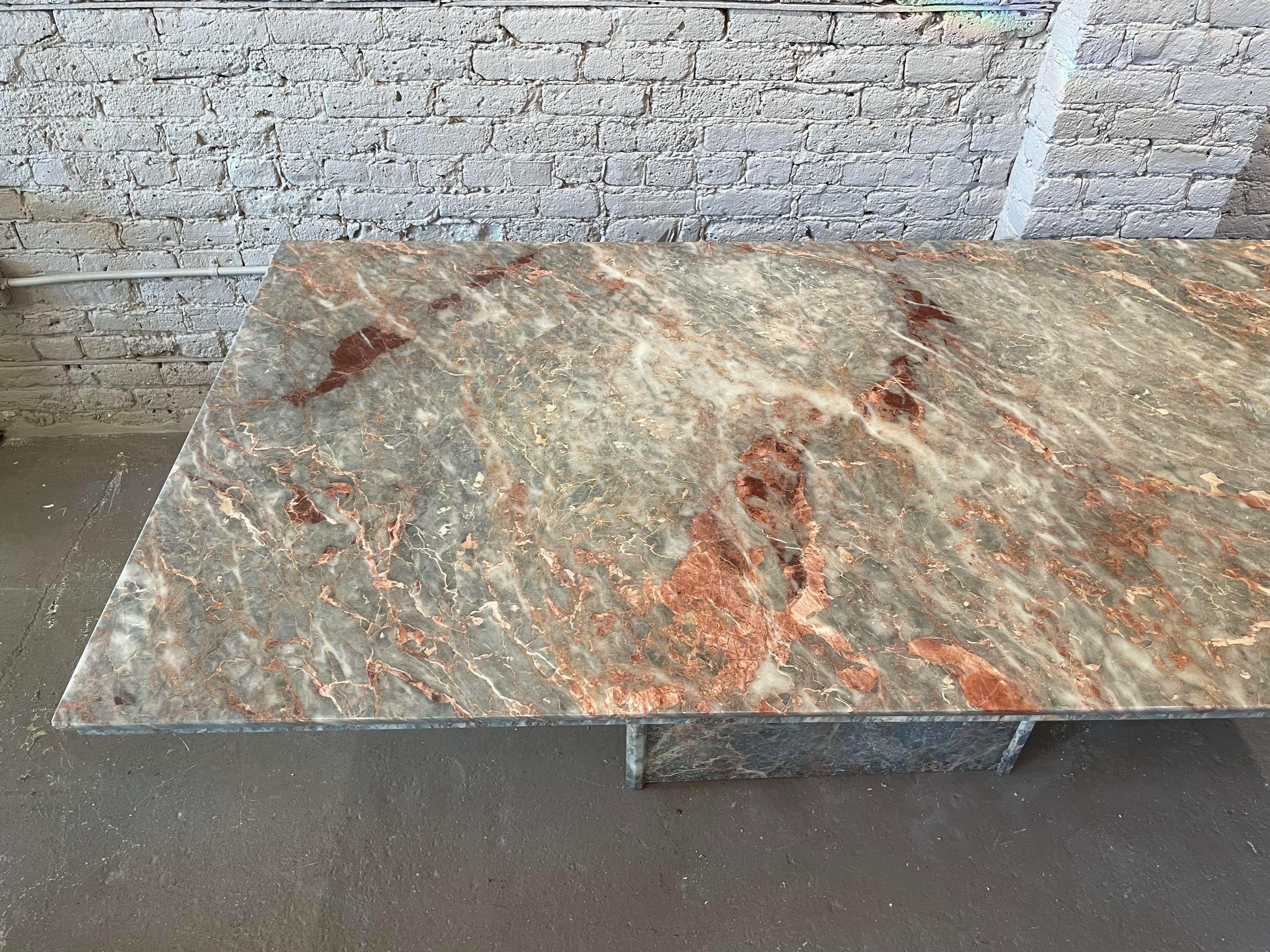 A classical marble with a muted, tonal palette of soft grey with tints of rose and teal, strongly accented by stunning veins in pearl white, blush, raisin, and the rich peach that give this stone its name.

Original lacquer finish makes this table