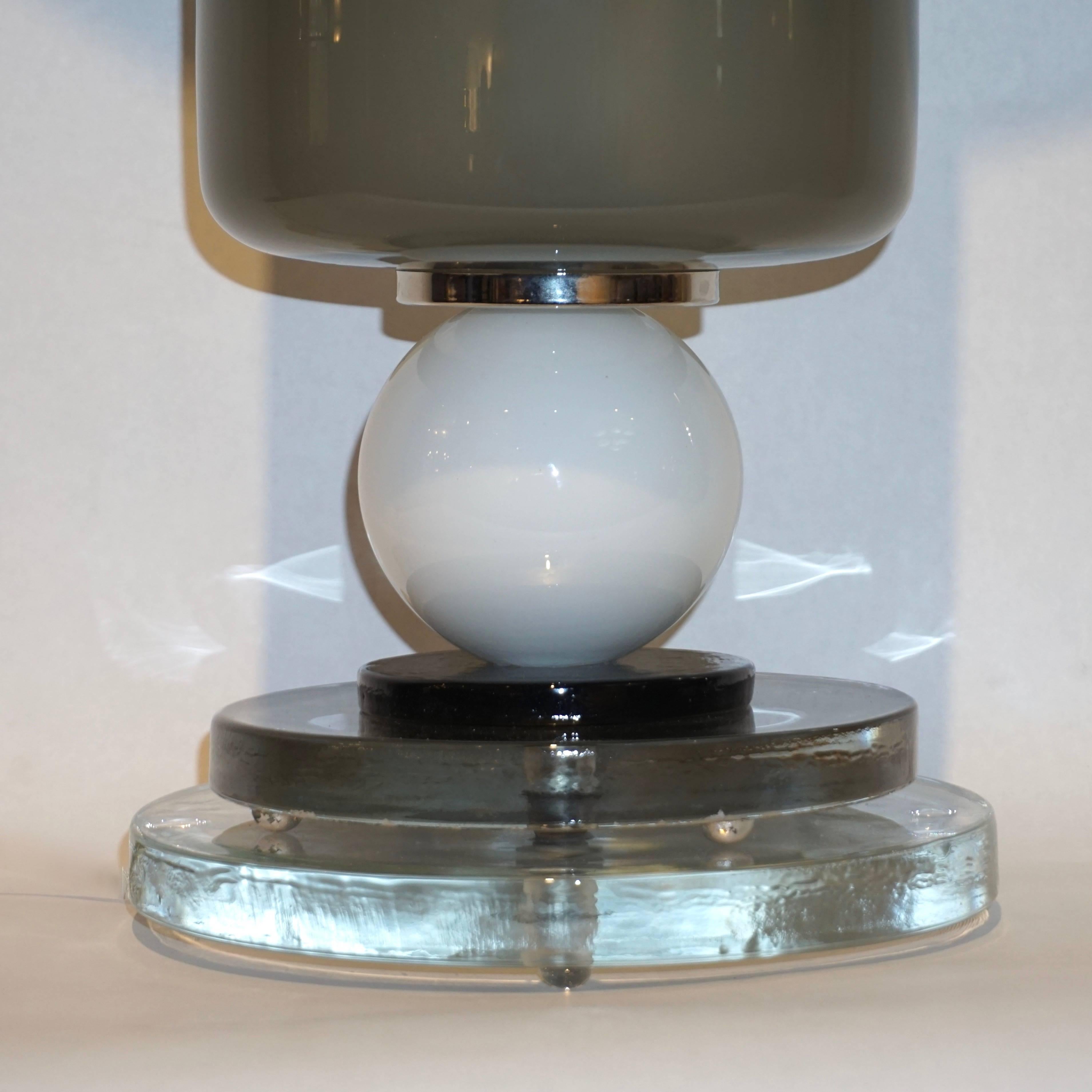 Blown Glass 1980s Italian Geometric Pair of White Black and Silver Gray Murano Glass Lamps