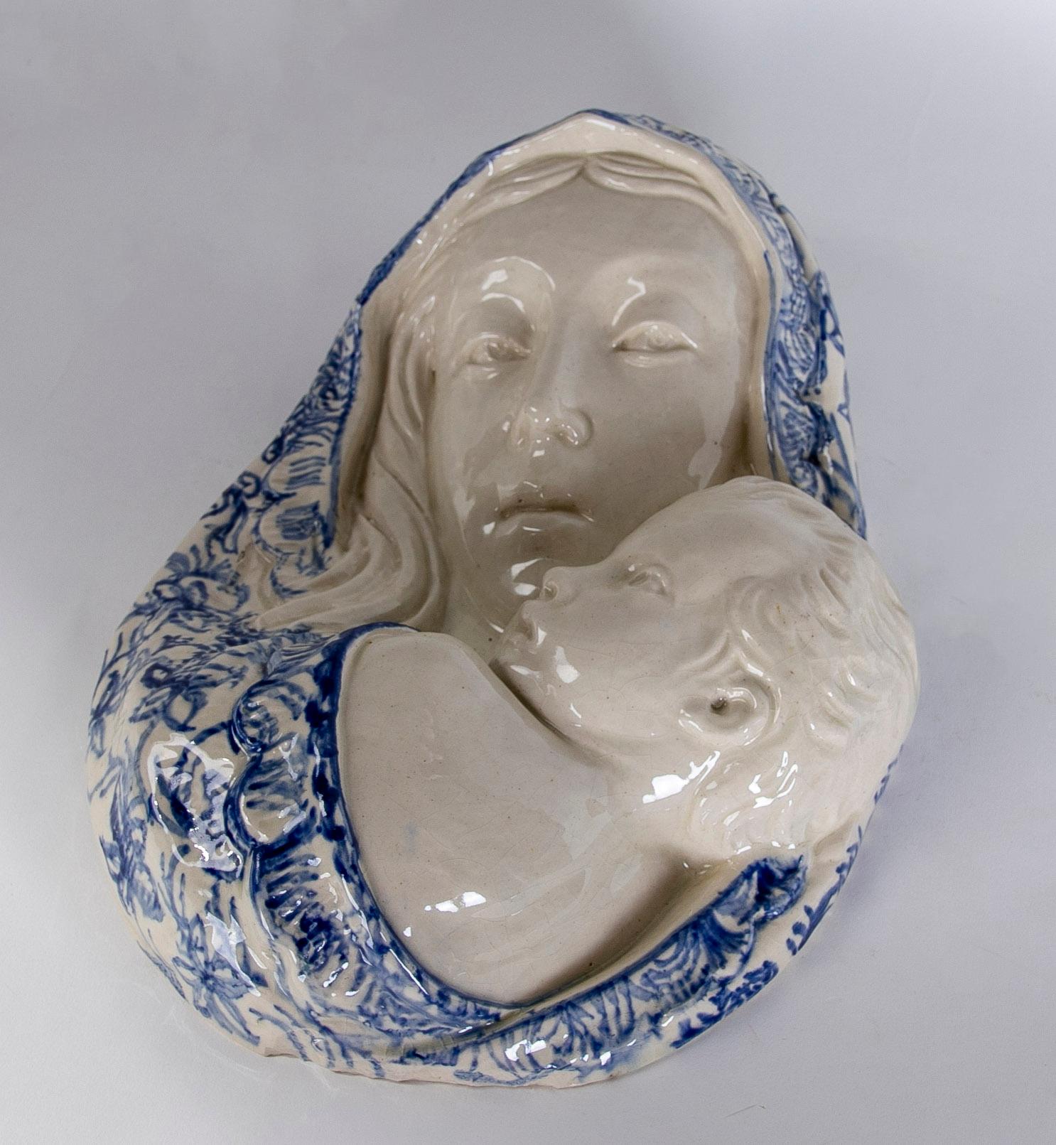 Spanish 1980s Italian Glazed Ceramic Virgin Relief Signed on the Back		 For Sale