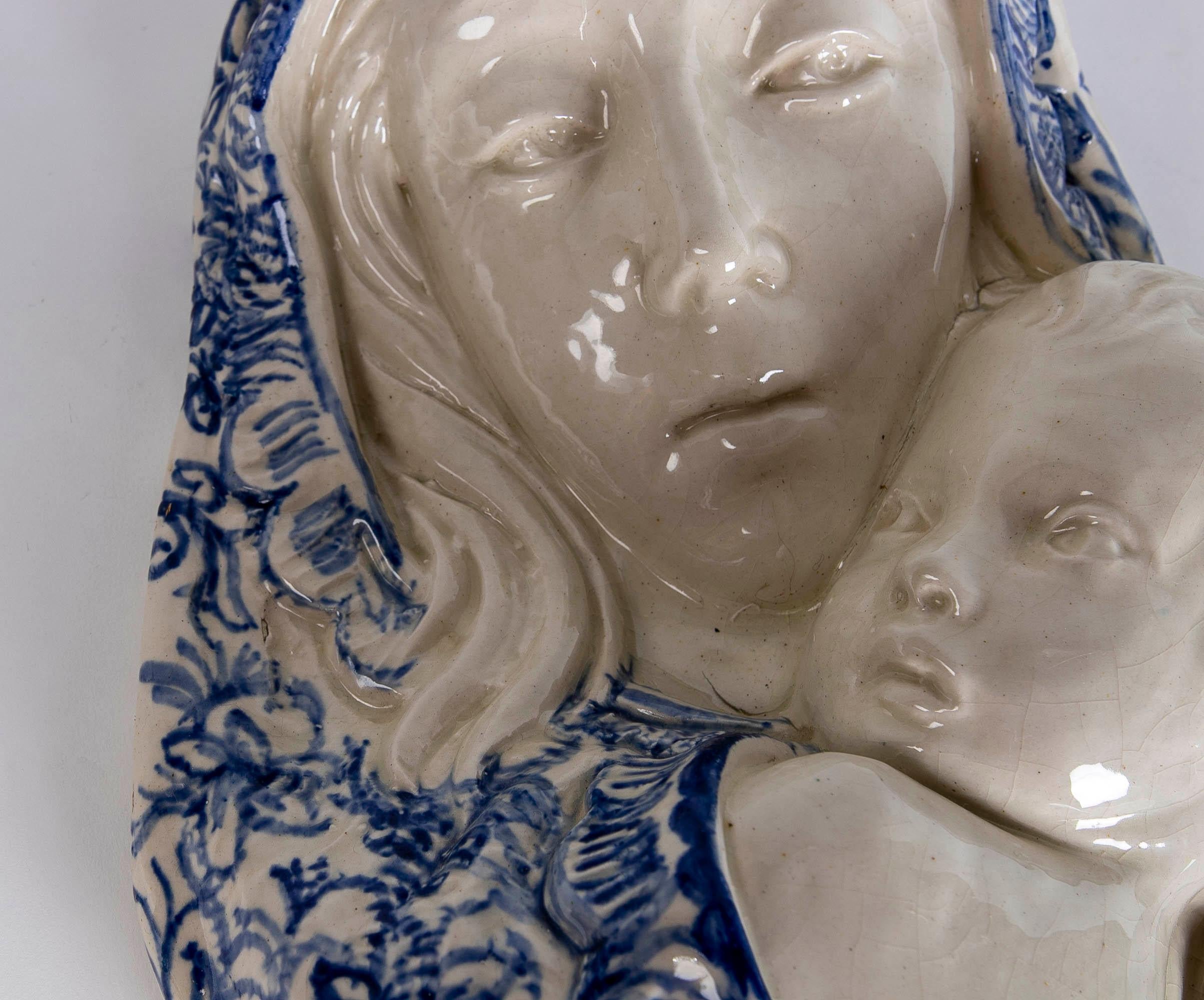 20th Century 1980s Italian Glazed Ceramic Virgin Relief Signed on the Back		 For Sale