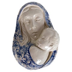 Vintage 1980s Italian Glazed Ceramic Virgin Relief Signed on the Back		