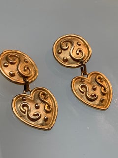 1980s Italian Gold-Tone Heart Drop Earrings W/ Etruscan-Inspired Relief Work