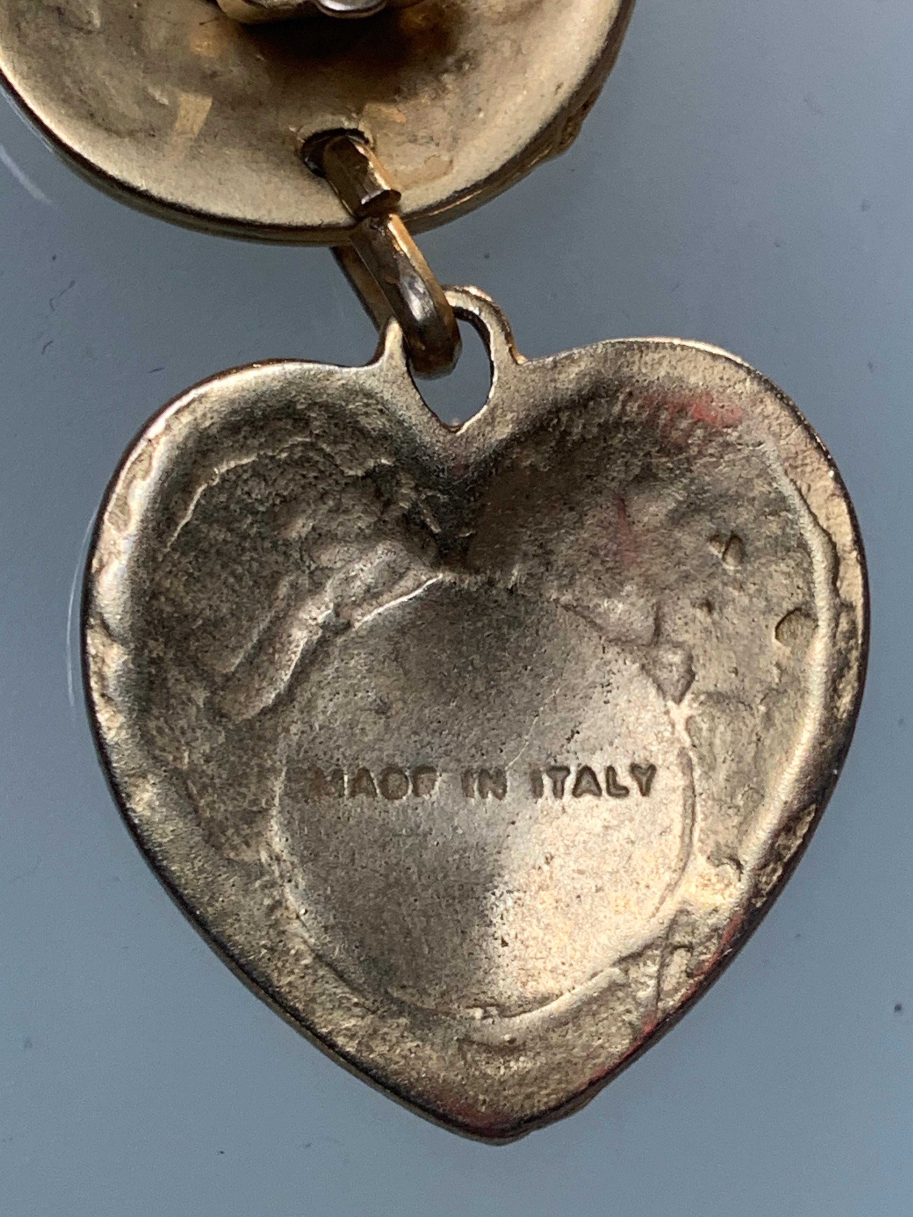1980s Italian Gold-Tone Heart Drop Earrings W/ Etruscan-Inspired Relief Work For Sale 2
