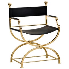 1980s Italian Hollywood Regency Brass and Leather Savonarola Director's Chair