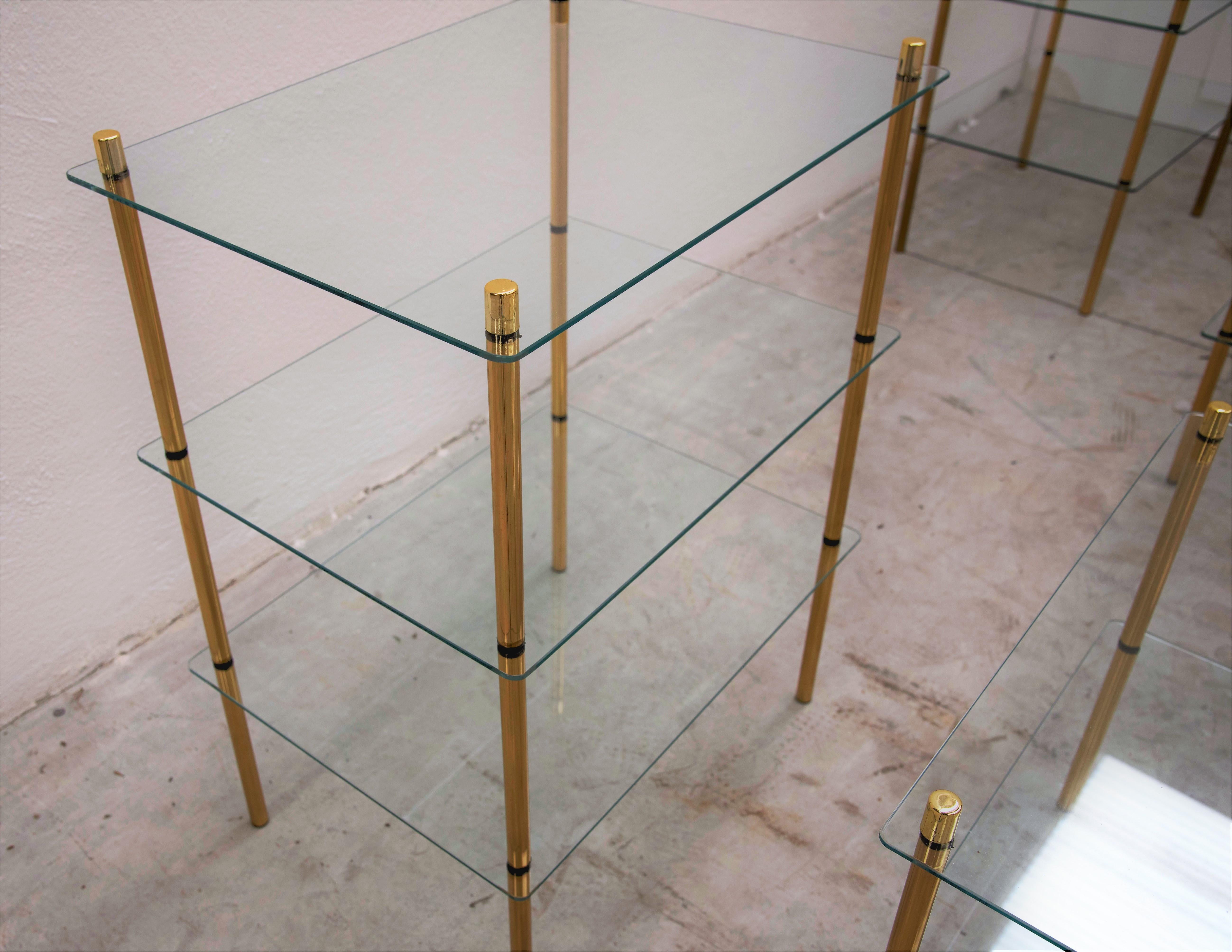 20th Century 1980s Italian Hollywood Regency Style Brass and Glass Three Shelves Side Tables